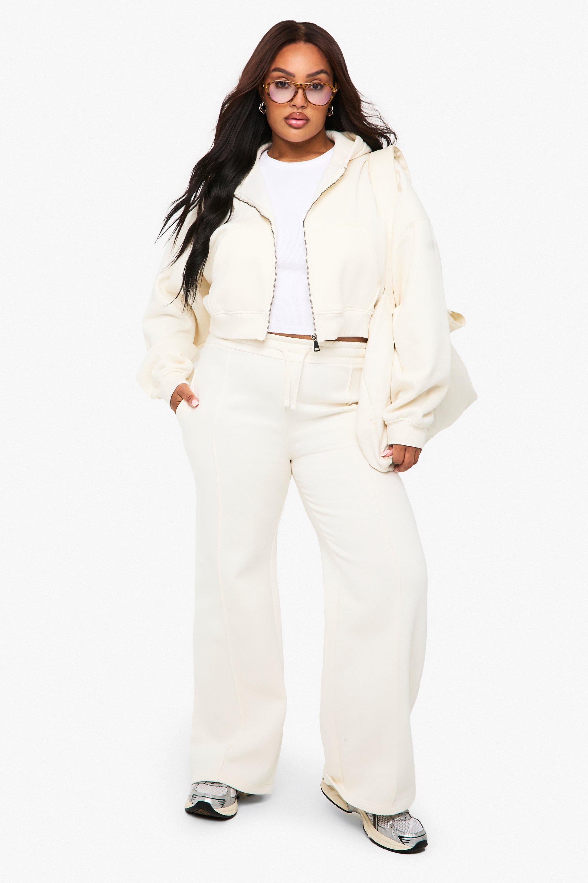 Image of Pantaloni tuta a gamba ampia con nervature in vita, Cream