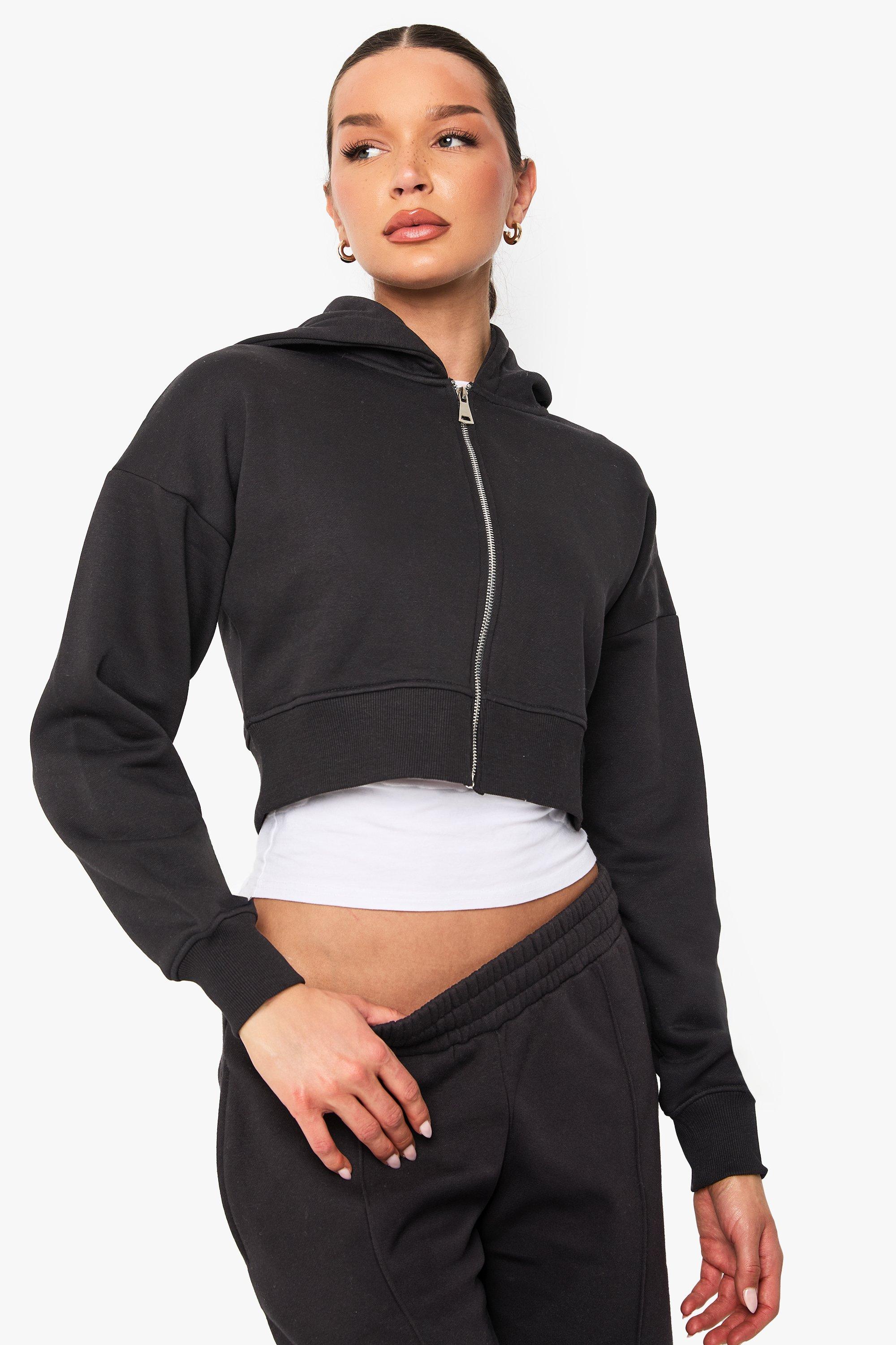 Image of Felpa rimpicciolita con zip e cappuccio, Nero