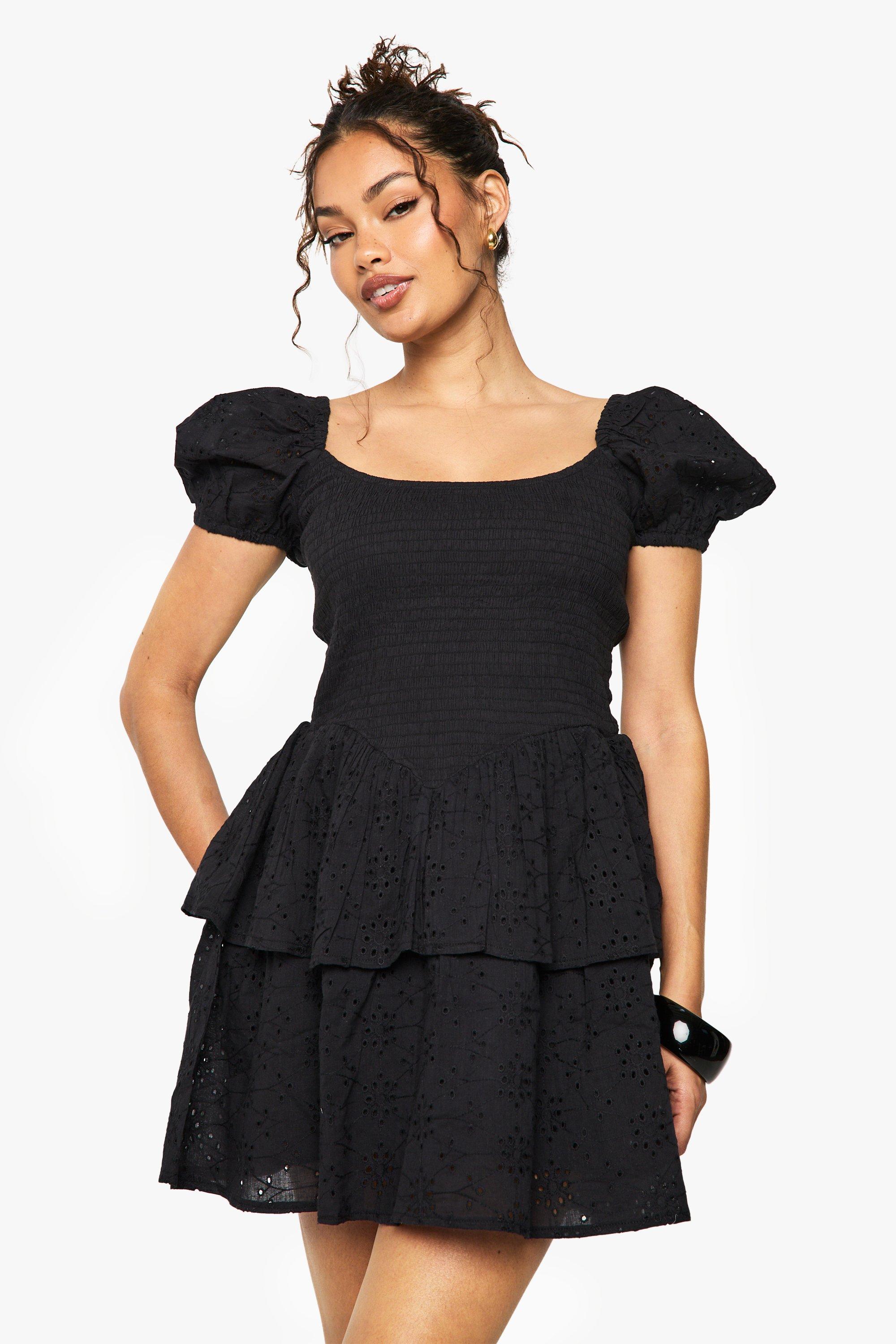 Boohoo Broderie Anglaise Puff Sleeve Skater Dress, Black