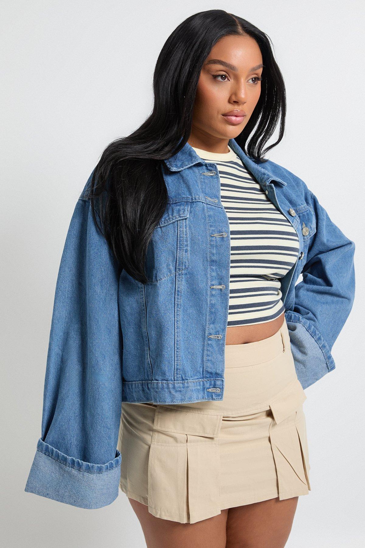 Image of Giacca in denim Plus Size con risvolti ampi sui polsini, Azzurro