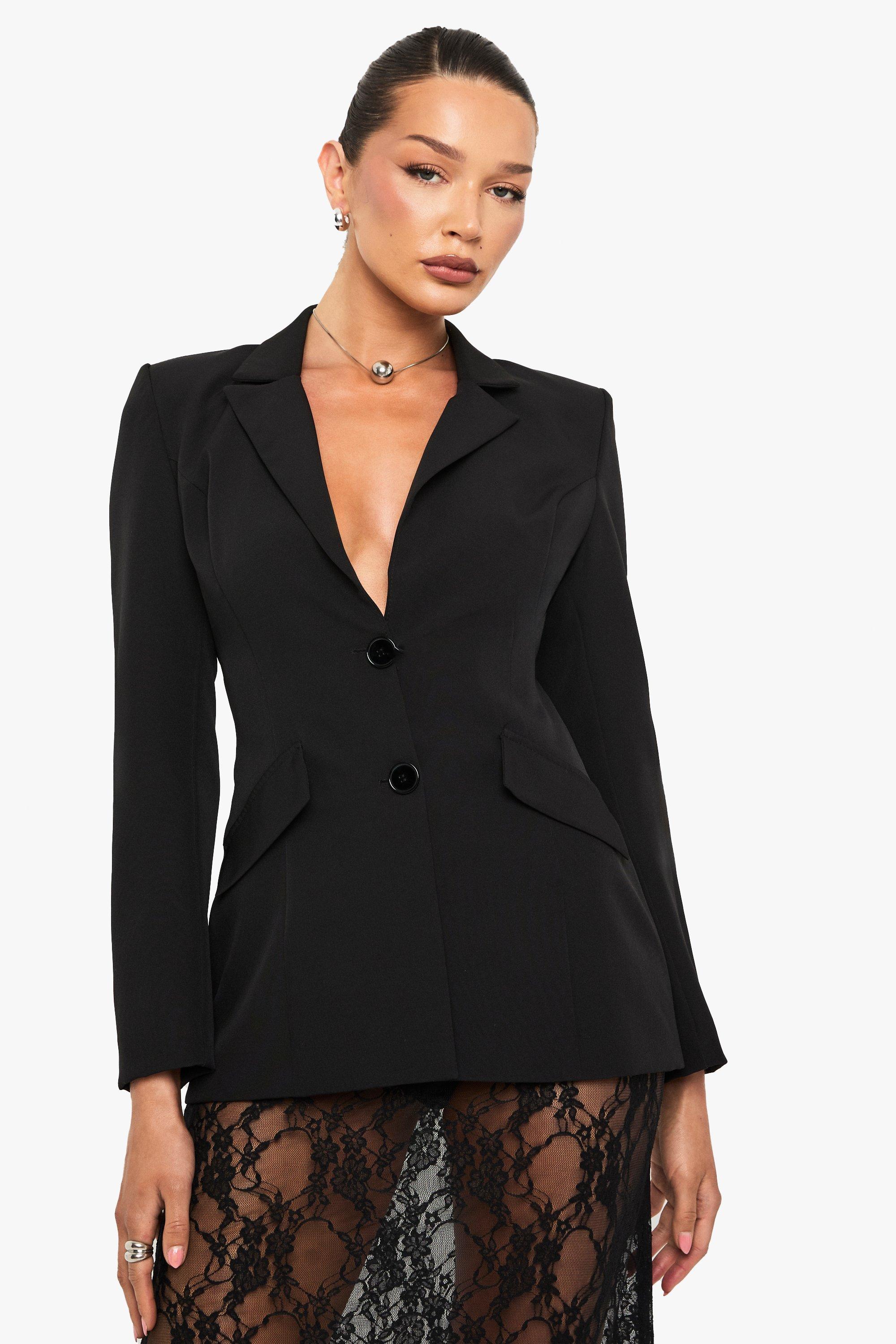 Boohoo Blazer Met Schouderpads En Open Rug, Black