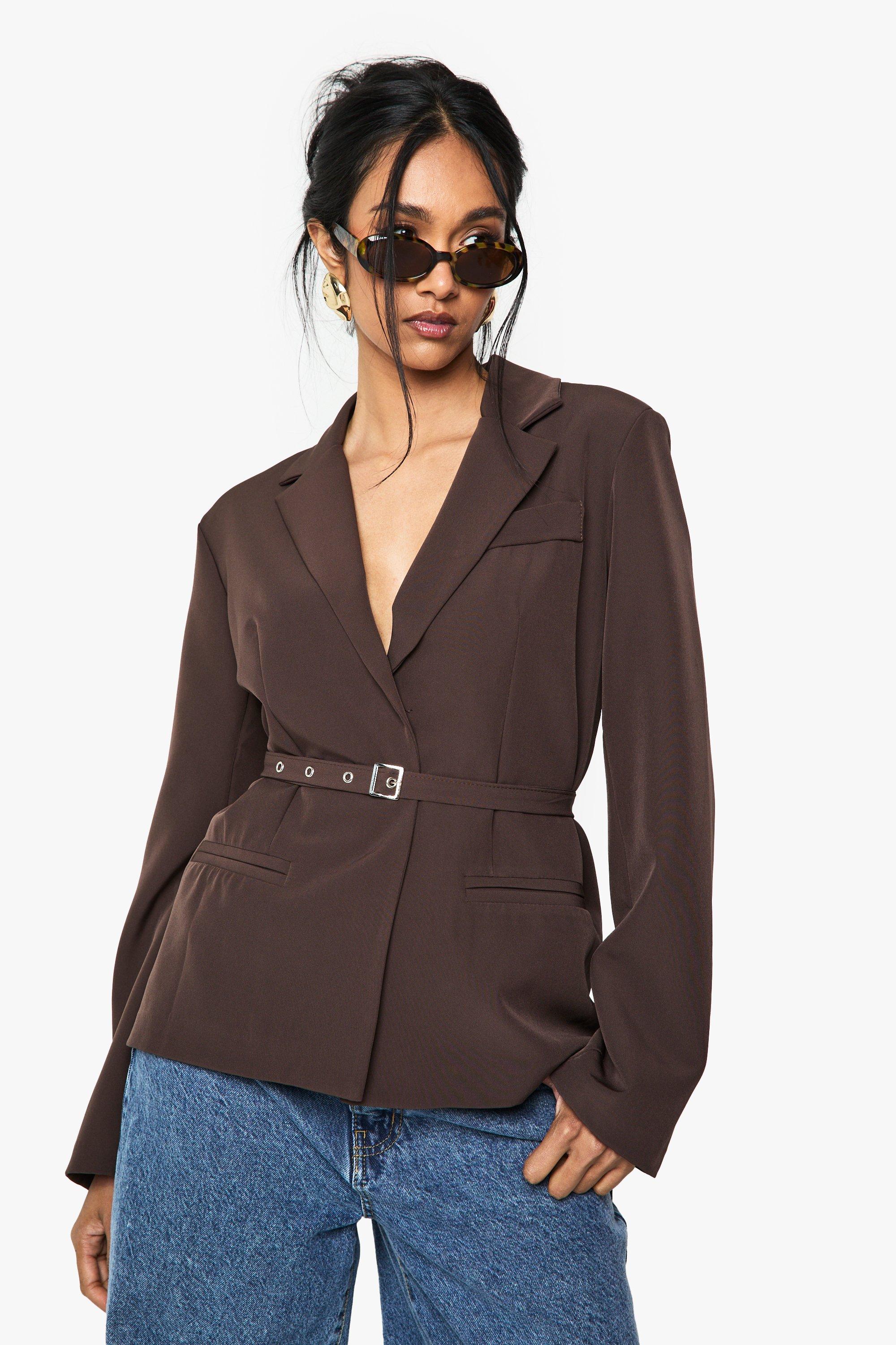 Boohoo Baggy Blazer Met Ceintuur, Chocolate