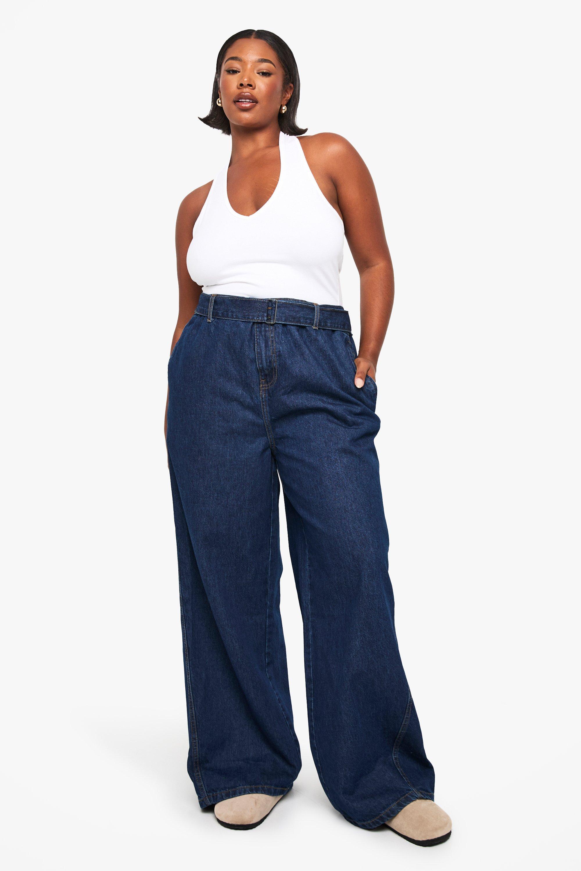 Boohoo Plus Wide Leg Jeans Met Brede Pijpen, Riem Met Gesp En Elastische Rug, Indigo