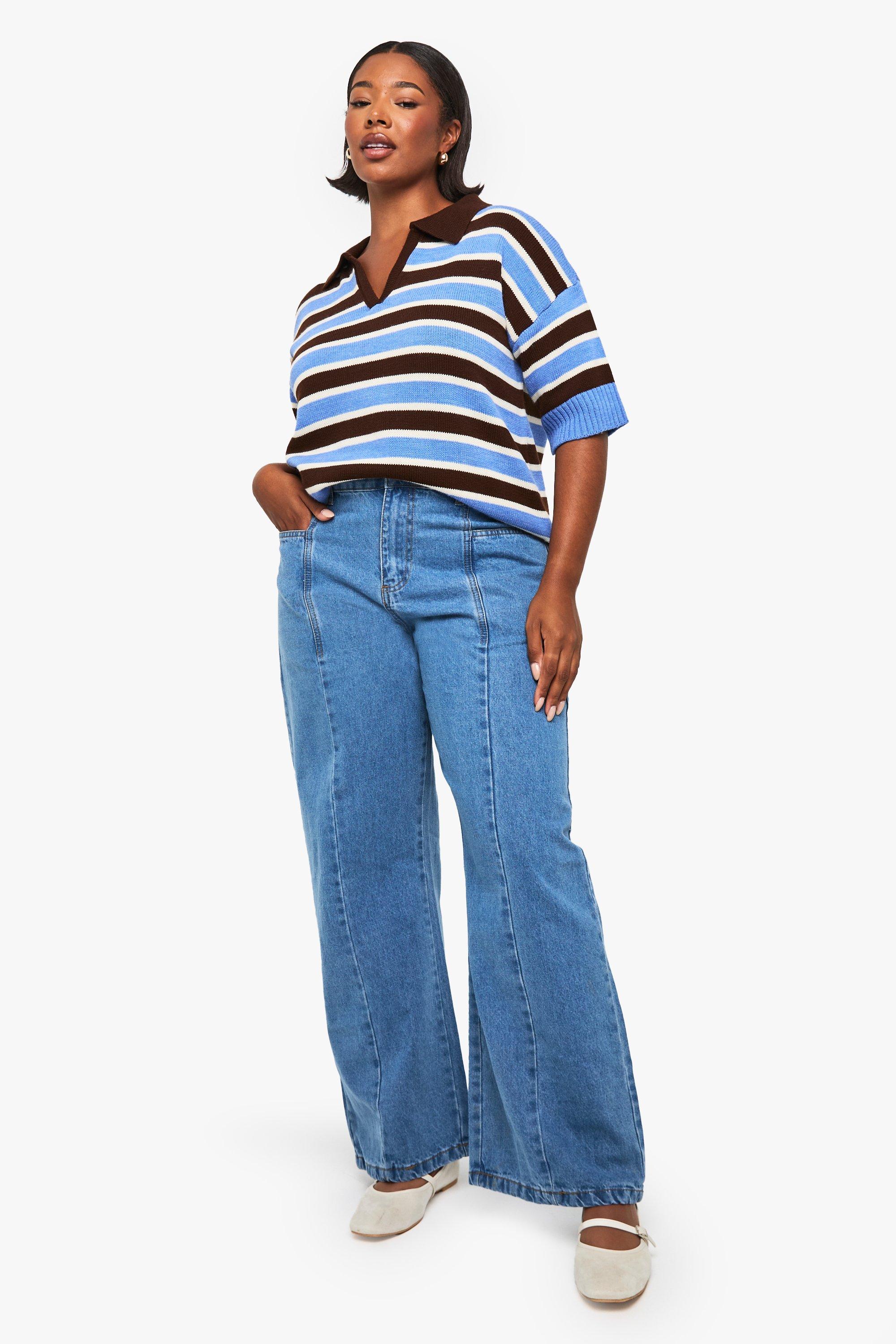 Boohoo Plus Wide Leg Broek Met Naaddetail, Mid Blue