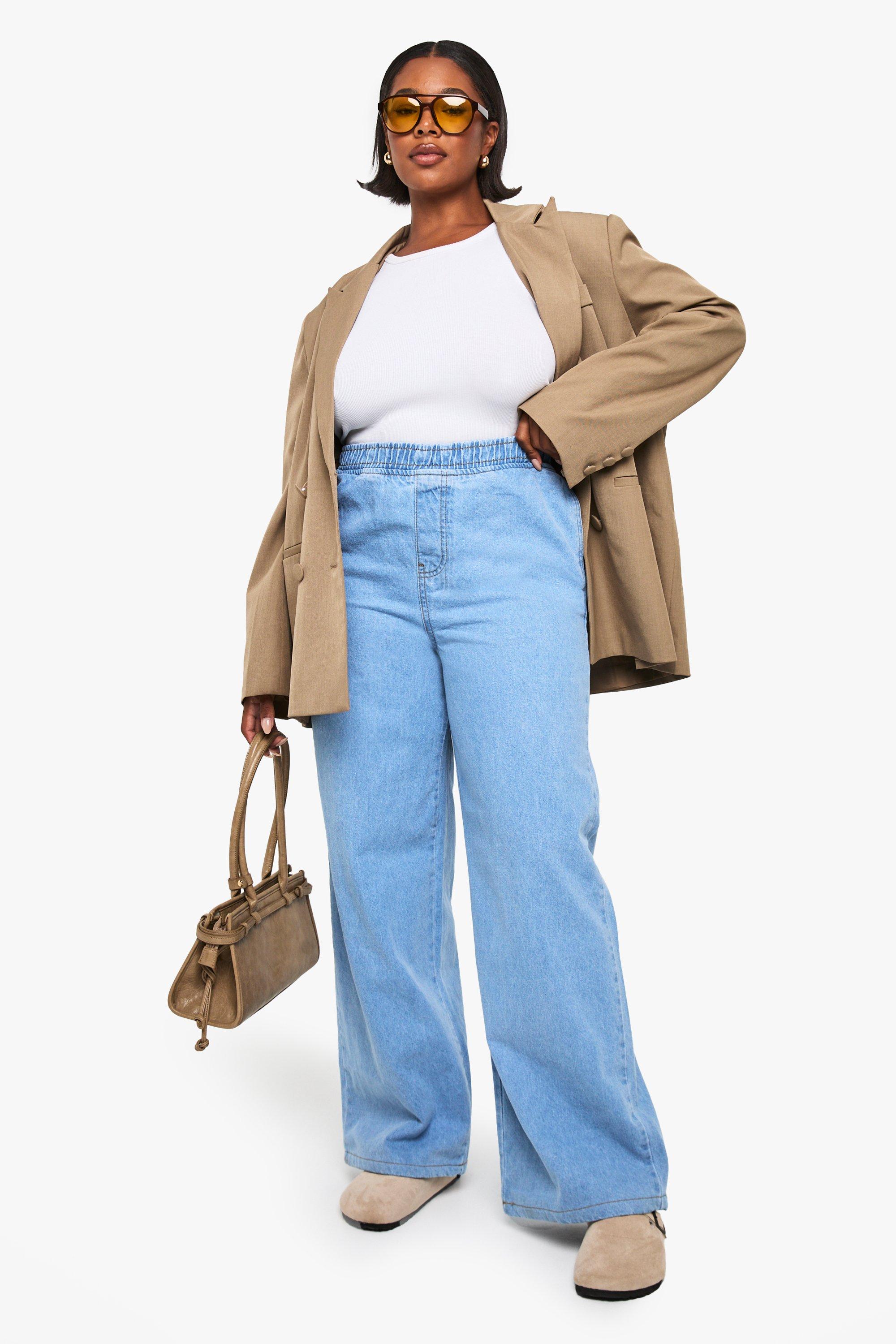 Boohoo Plus Wide Leg Jeans Met Elastische Taille, Light Blue