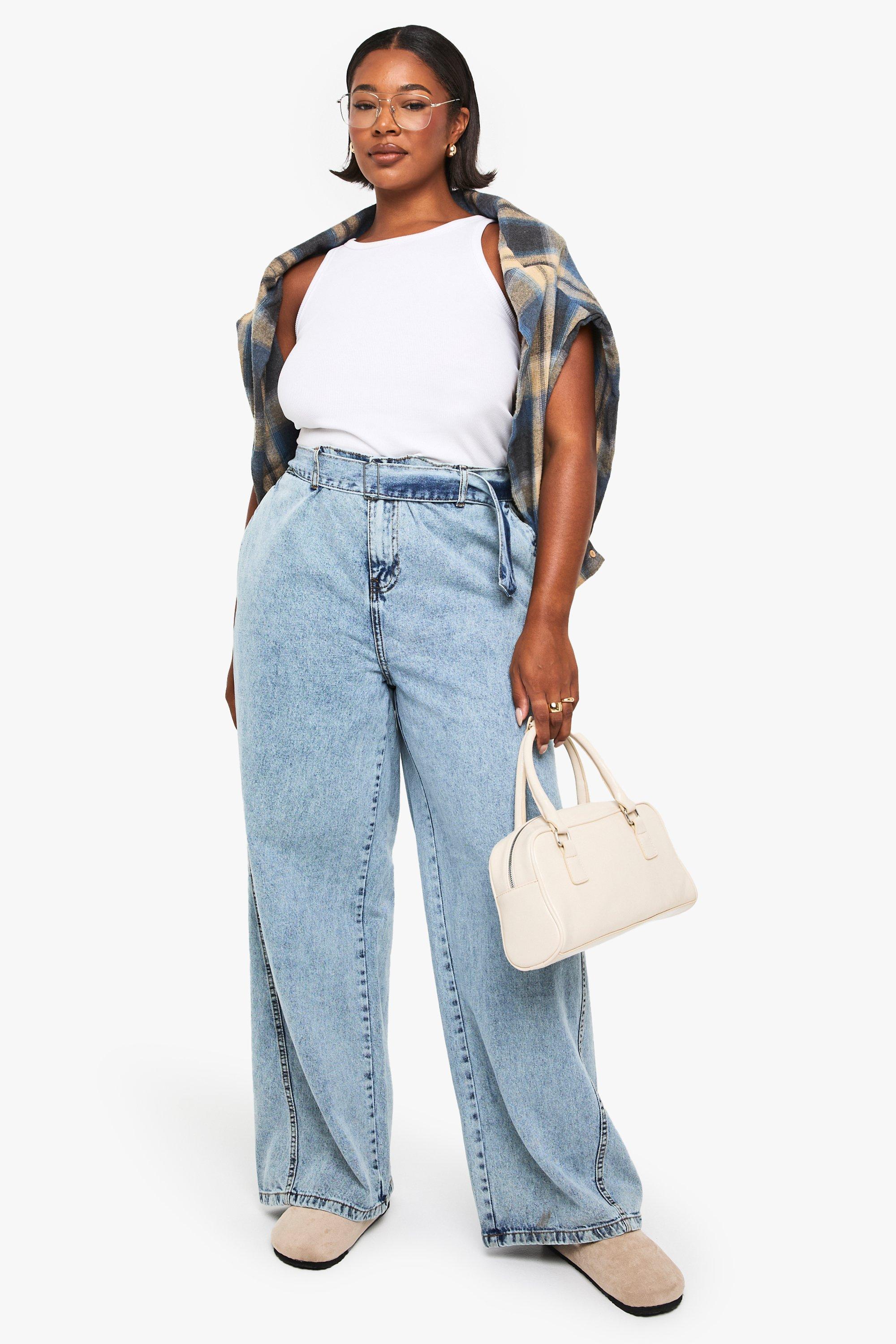 Boohoo Plus Wide Leg Jeans Met Brede Pijpen, Riem Met Gesp En Elastische Rug, Light Blue