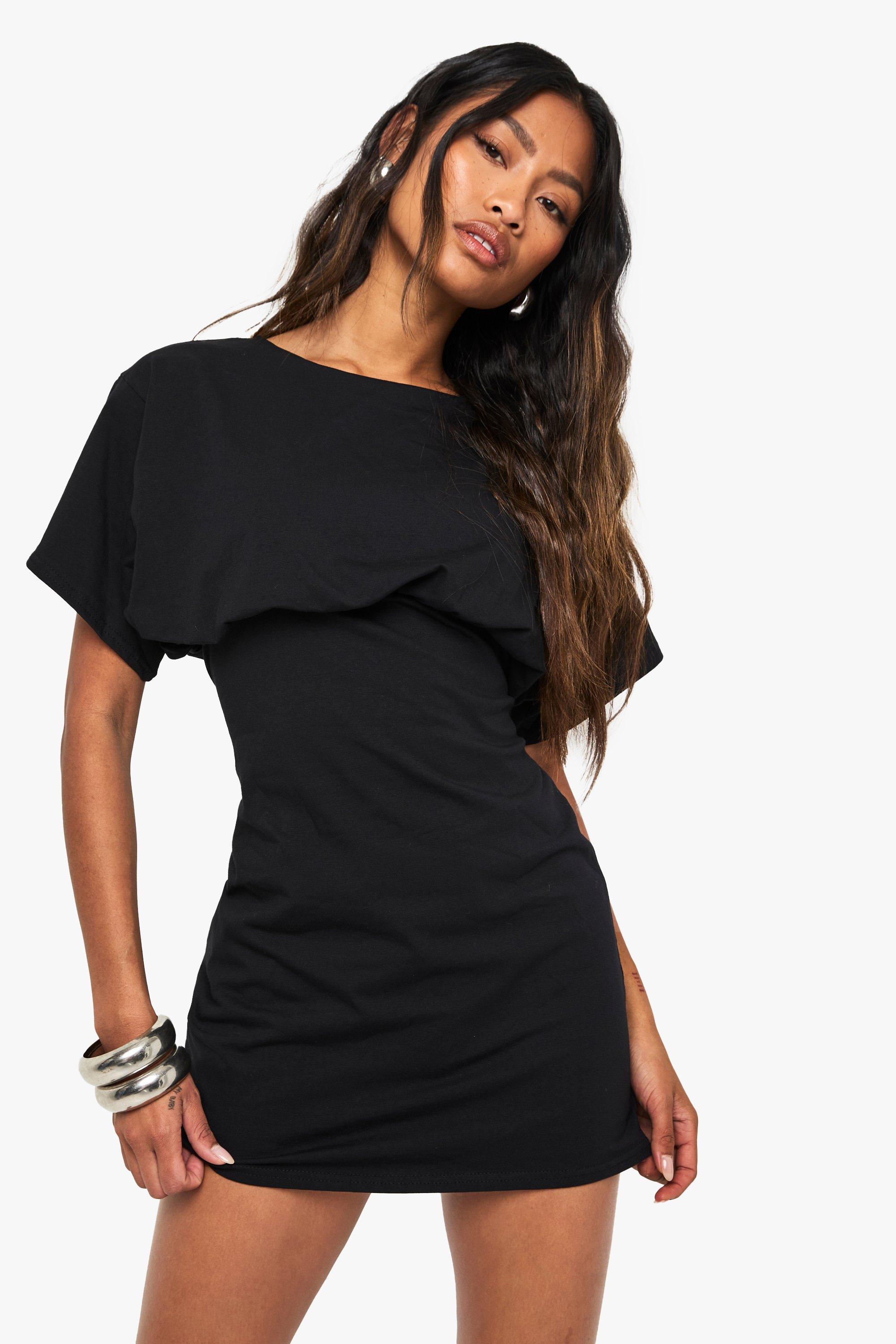 Boohoo Katoenen Mini Jurk Met Crewneck En Vleermuismouwen, Black