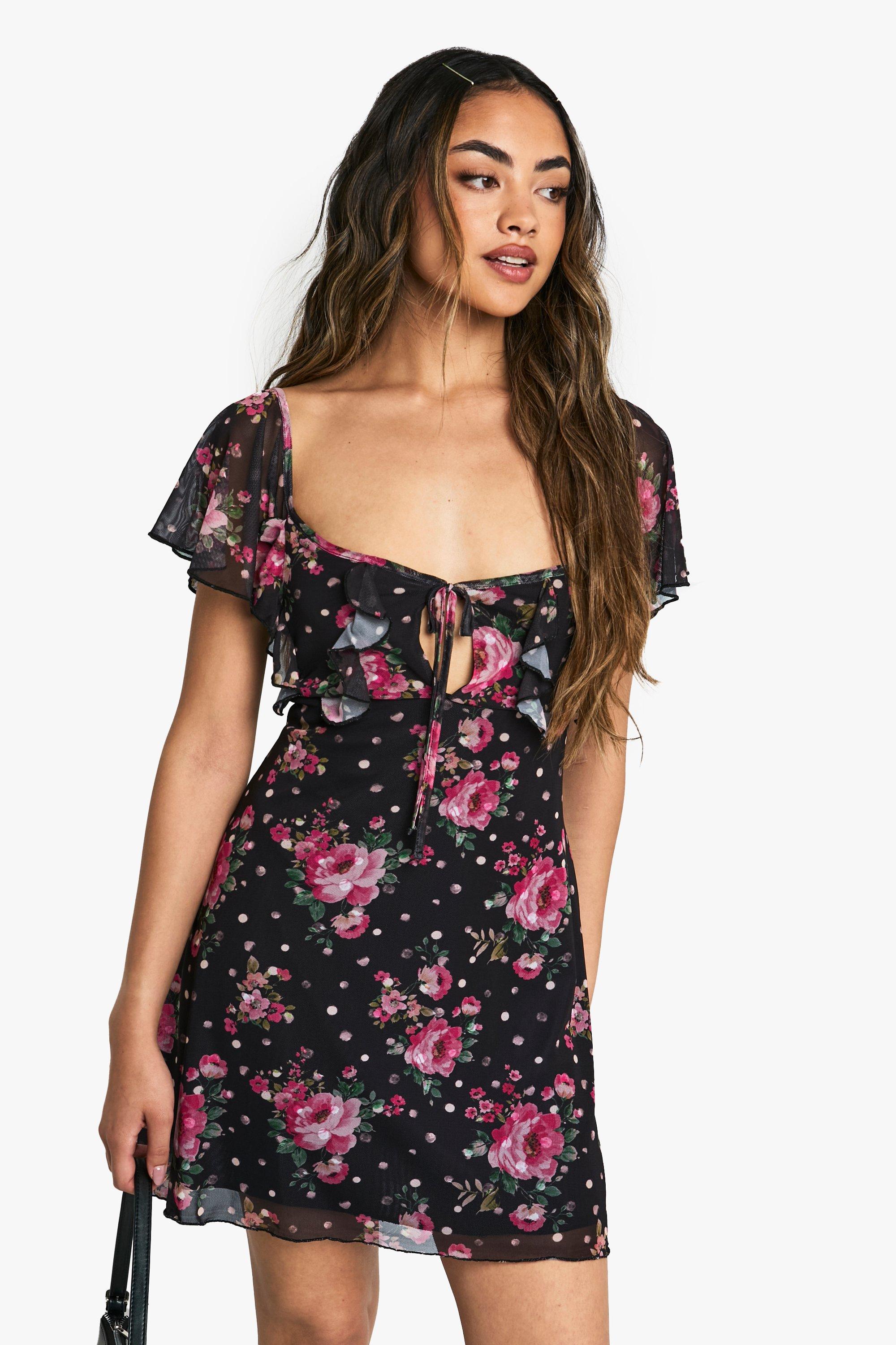 Boohoo Mesh Bloemen Mini Jurk Met Engelenmouwen En Strik, Black