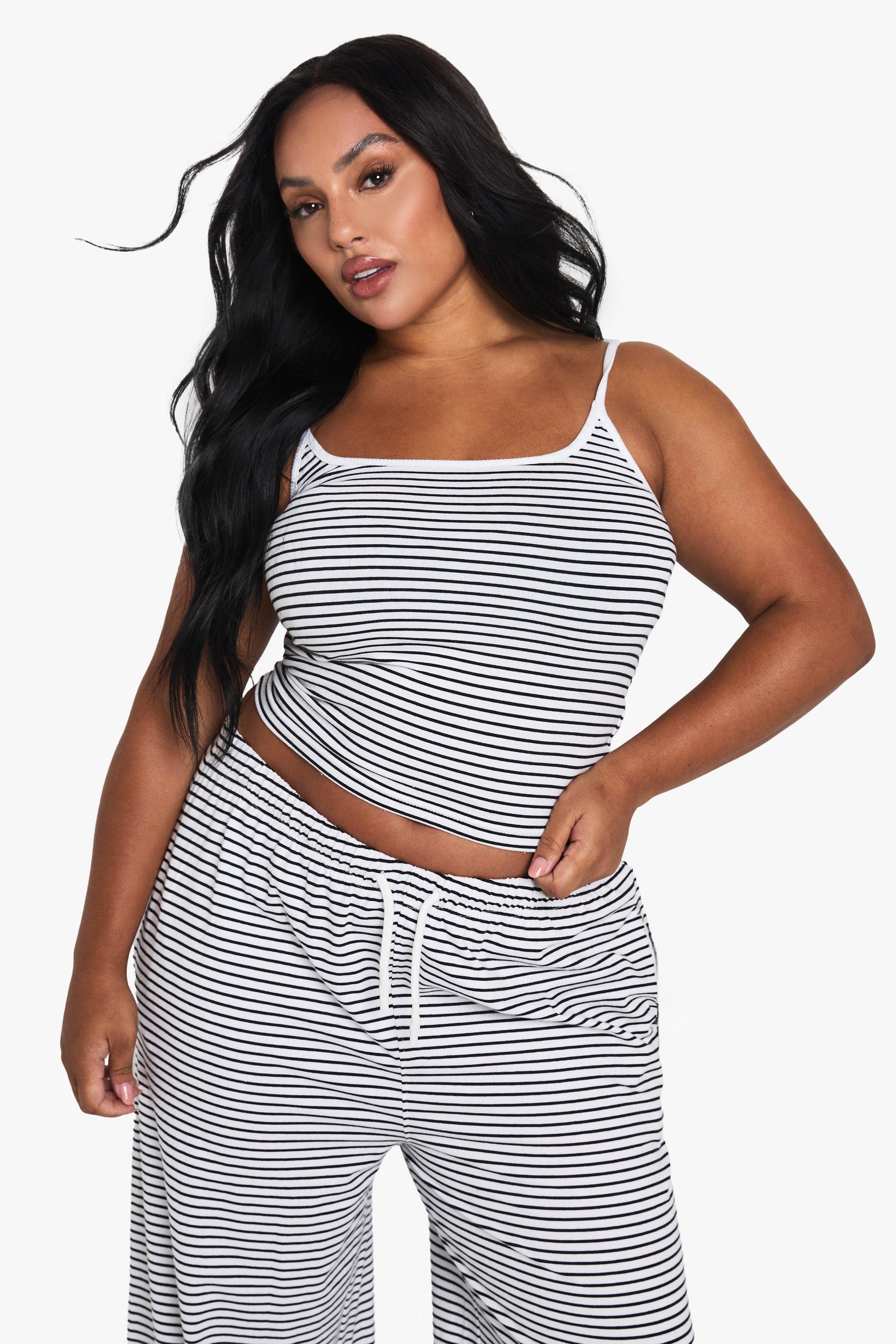 Image of Top smanicato Plus Size a righe a contrasto, Nero