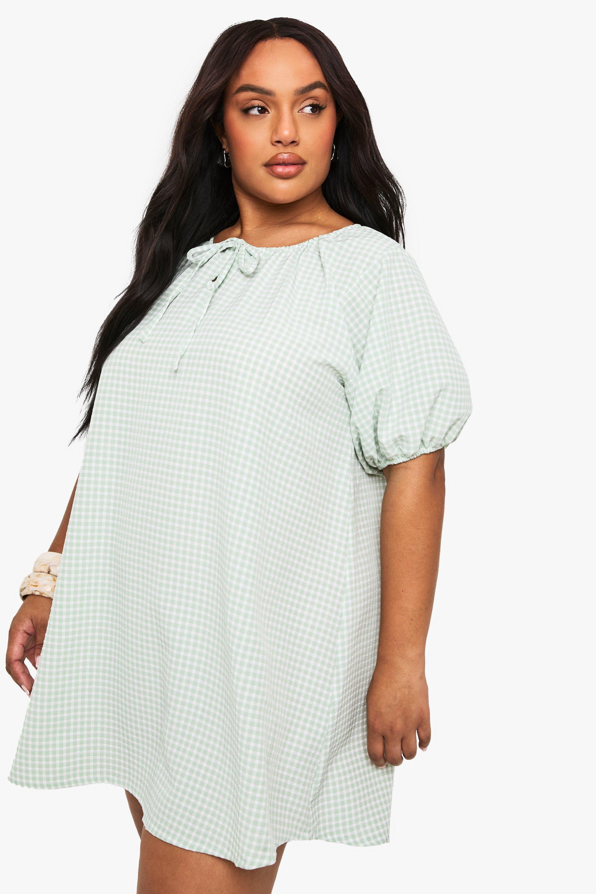 Boohoo Plus Gesmokte Gingham Jurk, Sage