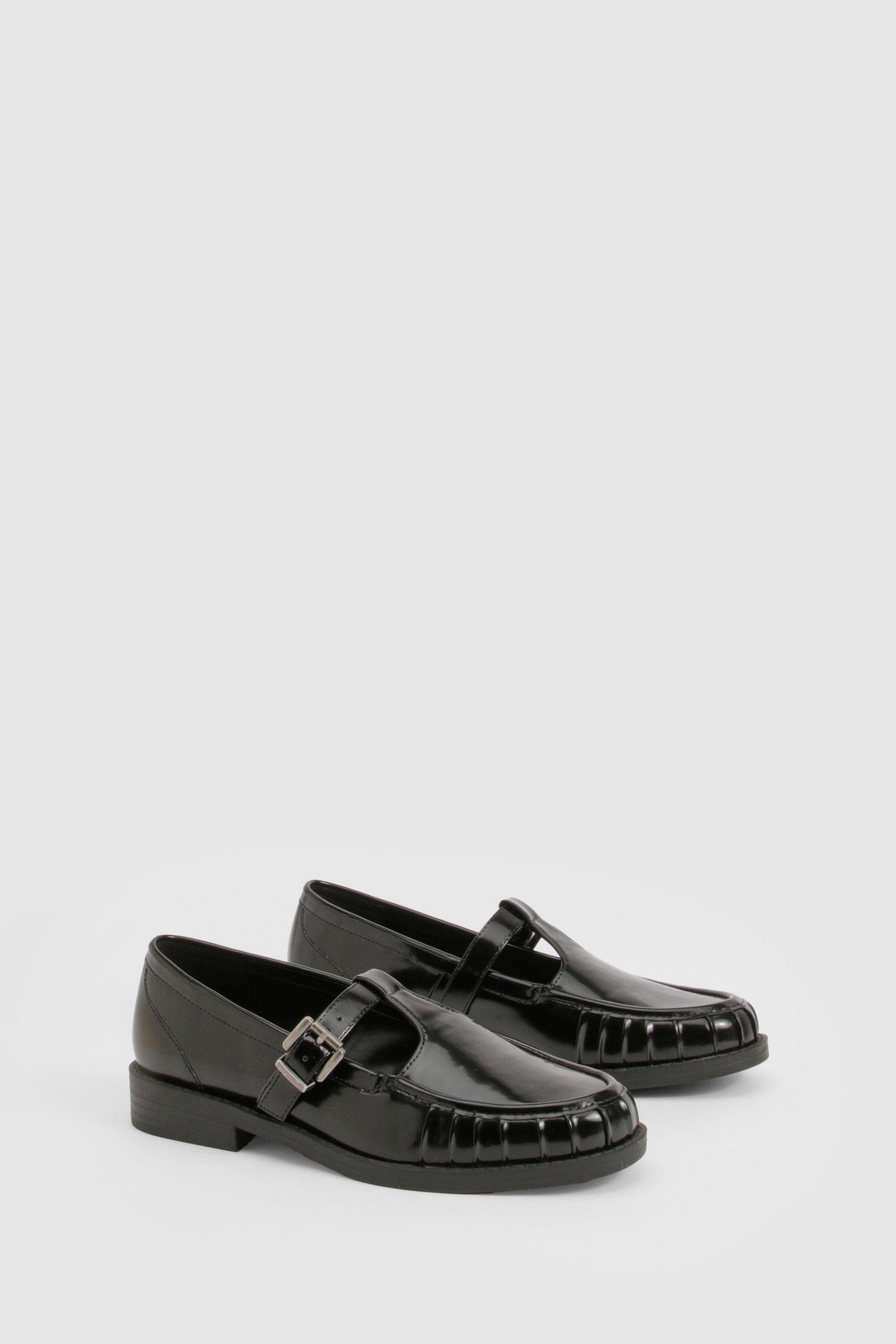 Boohoo Ruched Detailed T Bar Loafers, Black