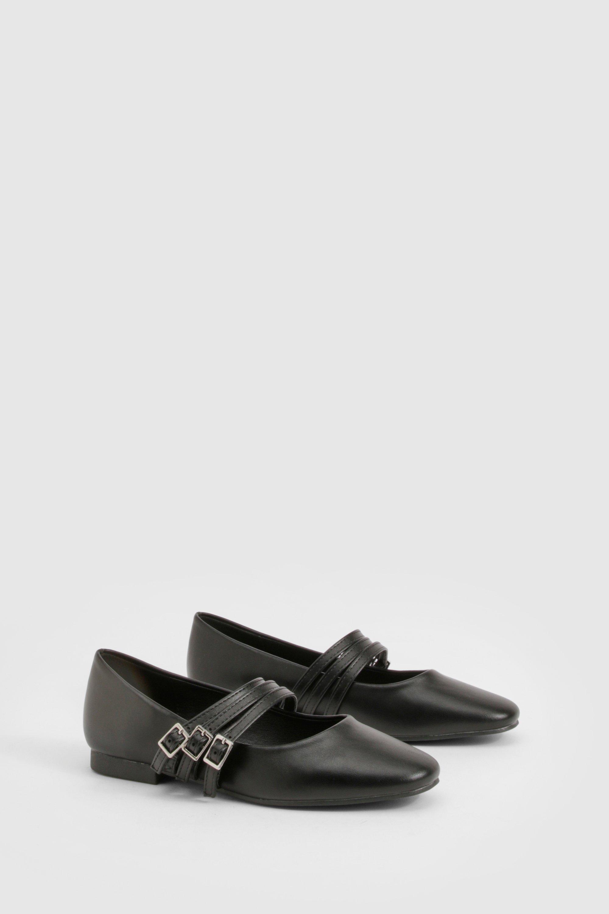 Image of Triple Strap Mary Jane Ballet Flats, Nero