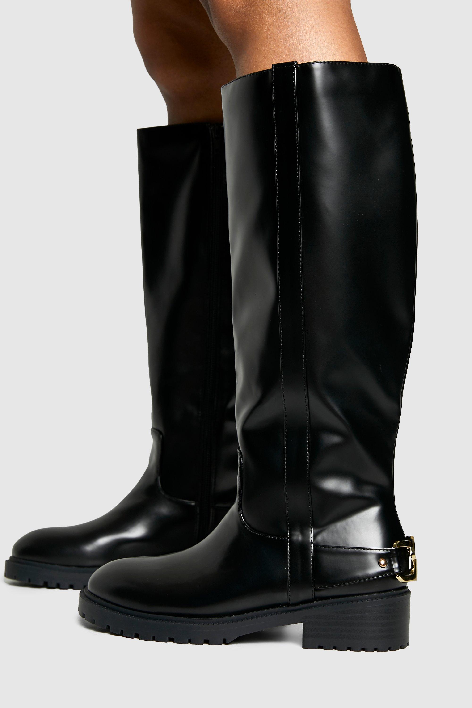 Image of Hardware Detail Knee High Biker Boots, Nero