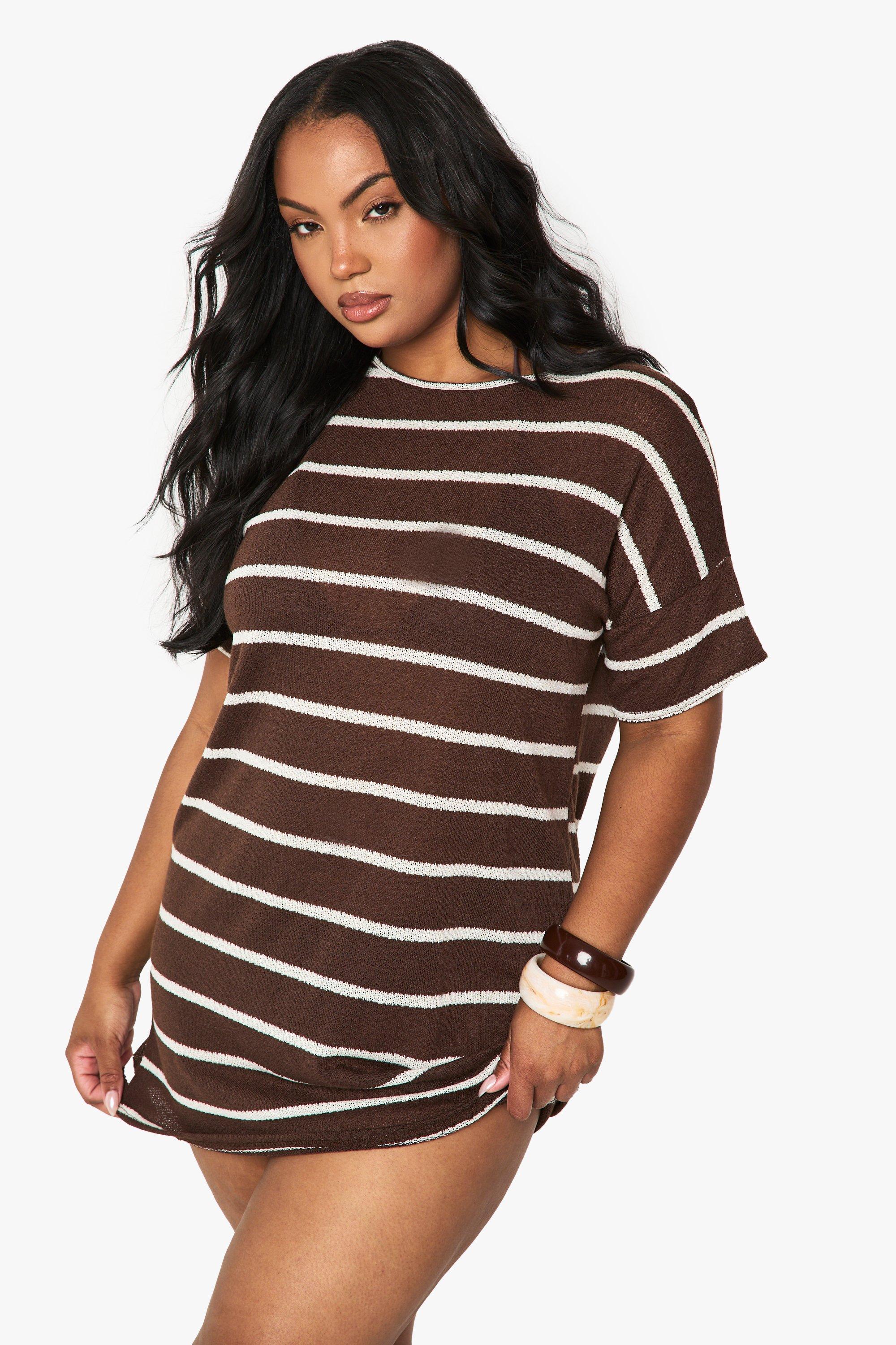 Boohoo Plus Oversized Gestreepte T-Shirtjurk, Chocolate