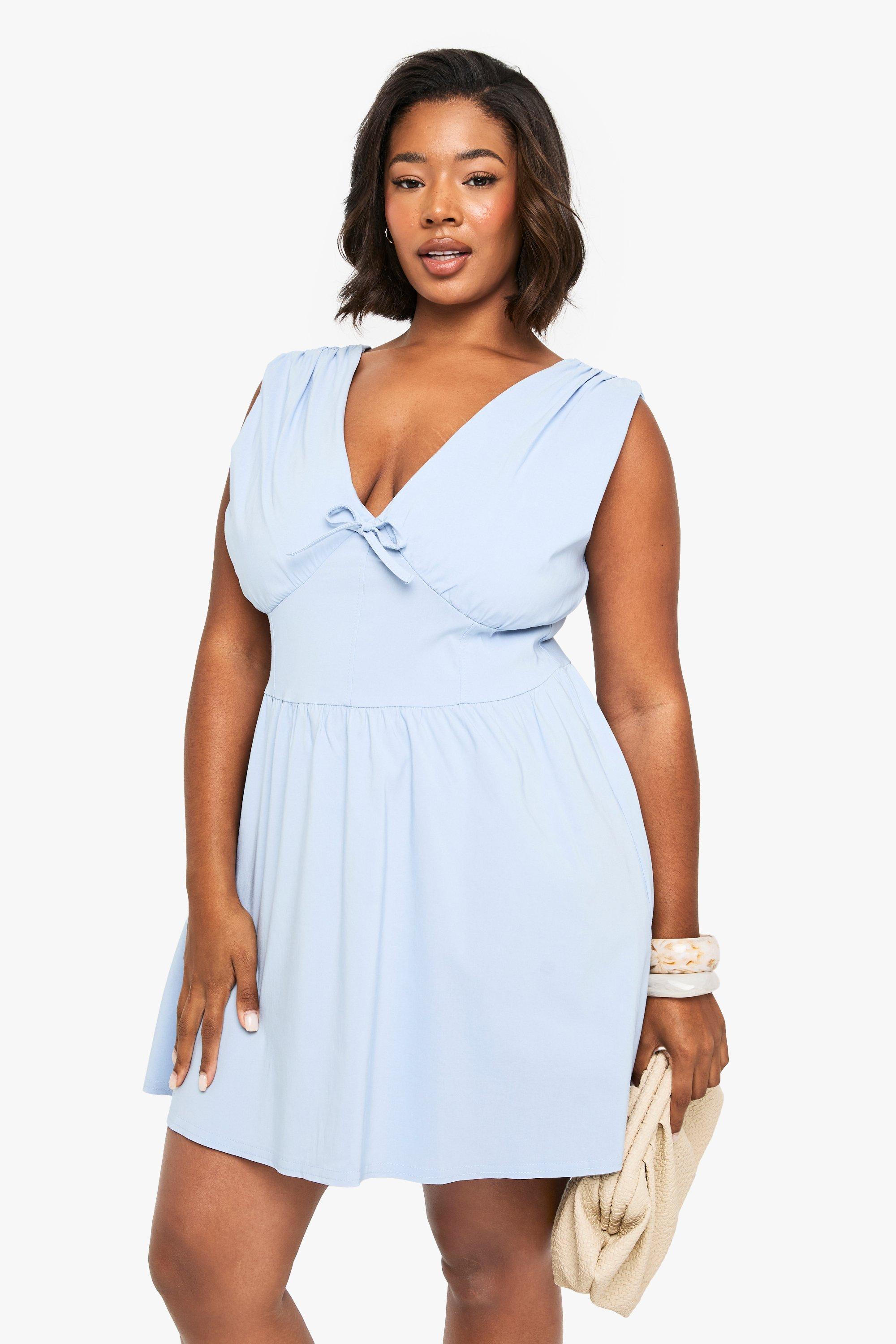 Boohoo Plus Korset Skater Jurk Met Strik En Laag Decolleté, Powder Blue