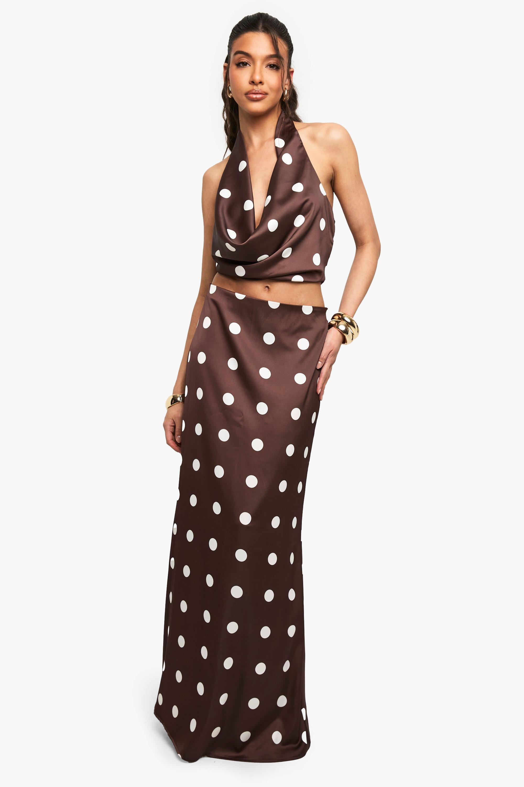 Boohoo Satijnen Maxi Rok Met Stippen, Chocolate