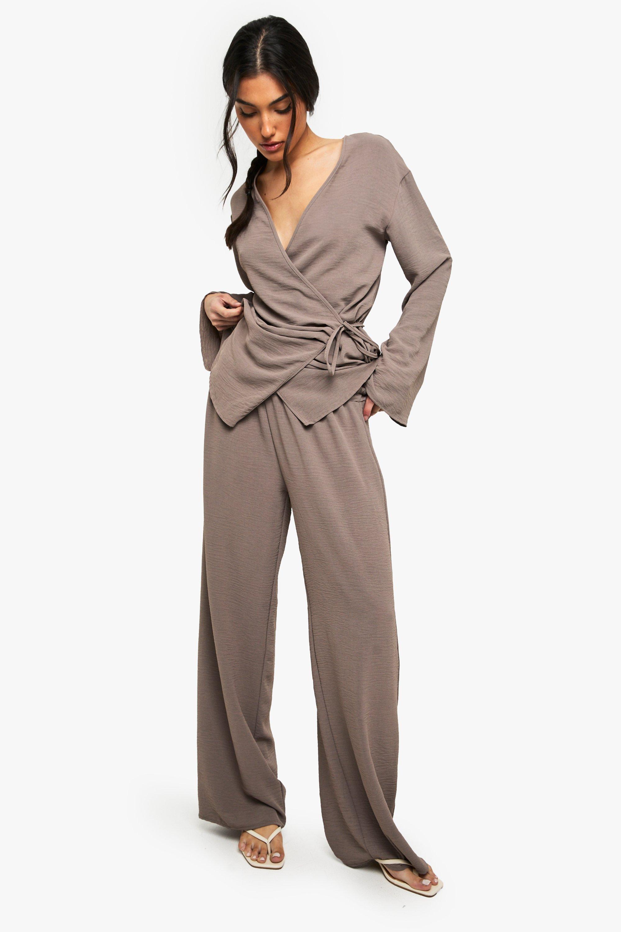 Image of Pantaloni a gamba ampia in tessuto con vita elasticizzata, Beige