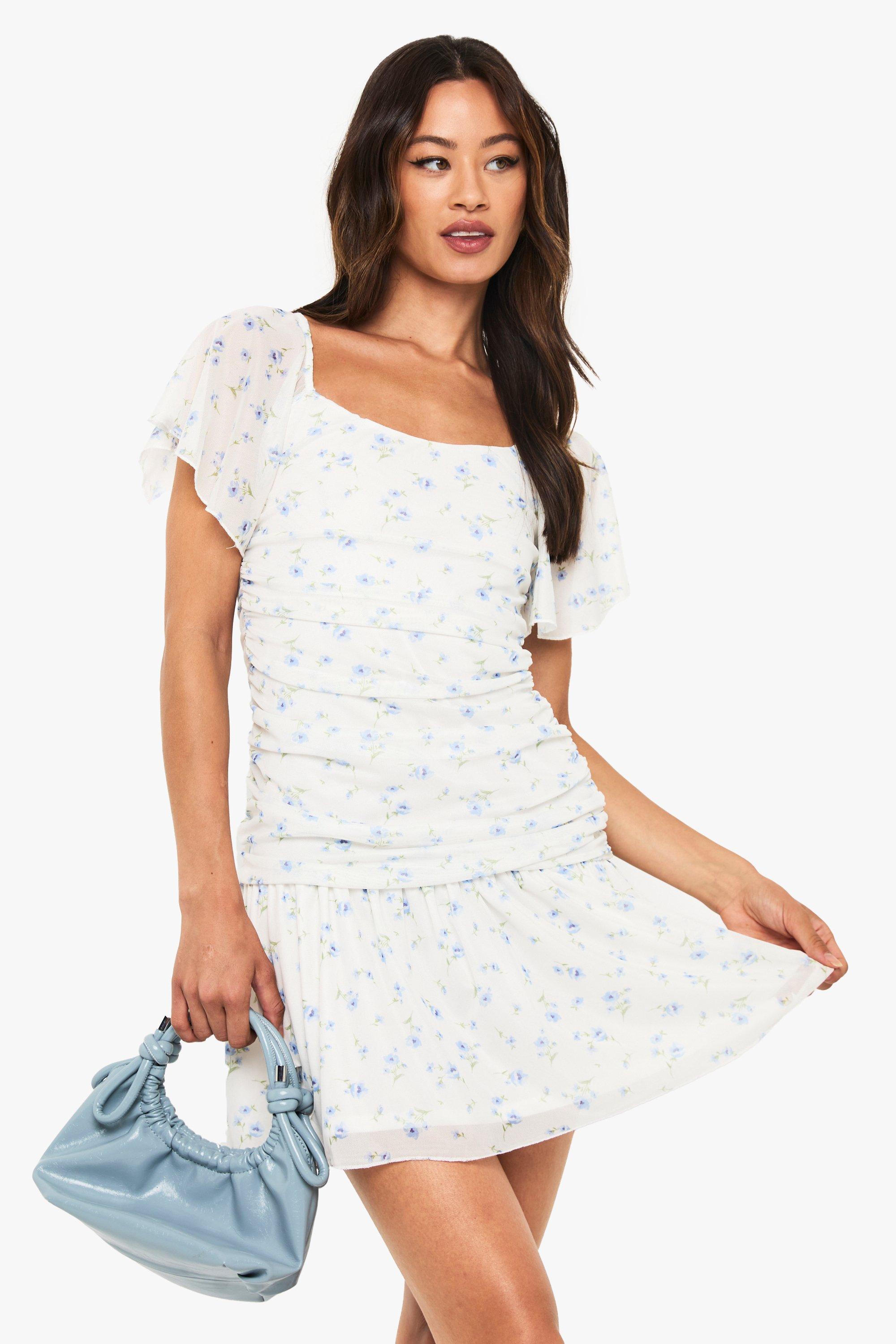 Boohoo Tall Ditsy Floral Mesh Angel Sleeve Ruched Mini Dress, Ivory