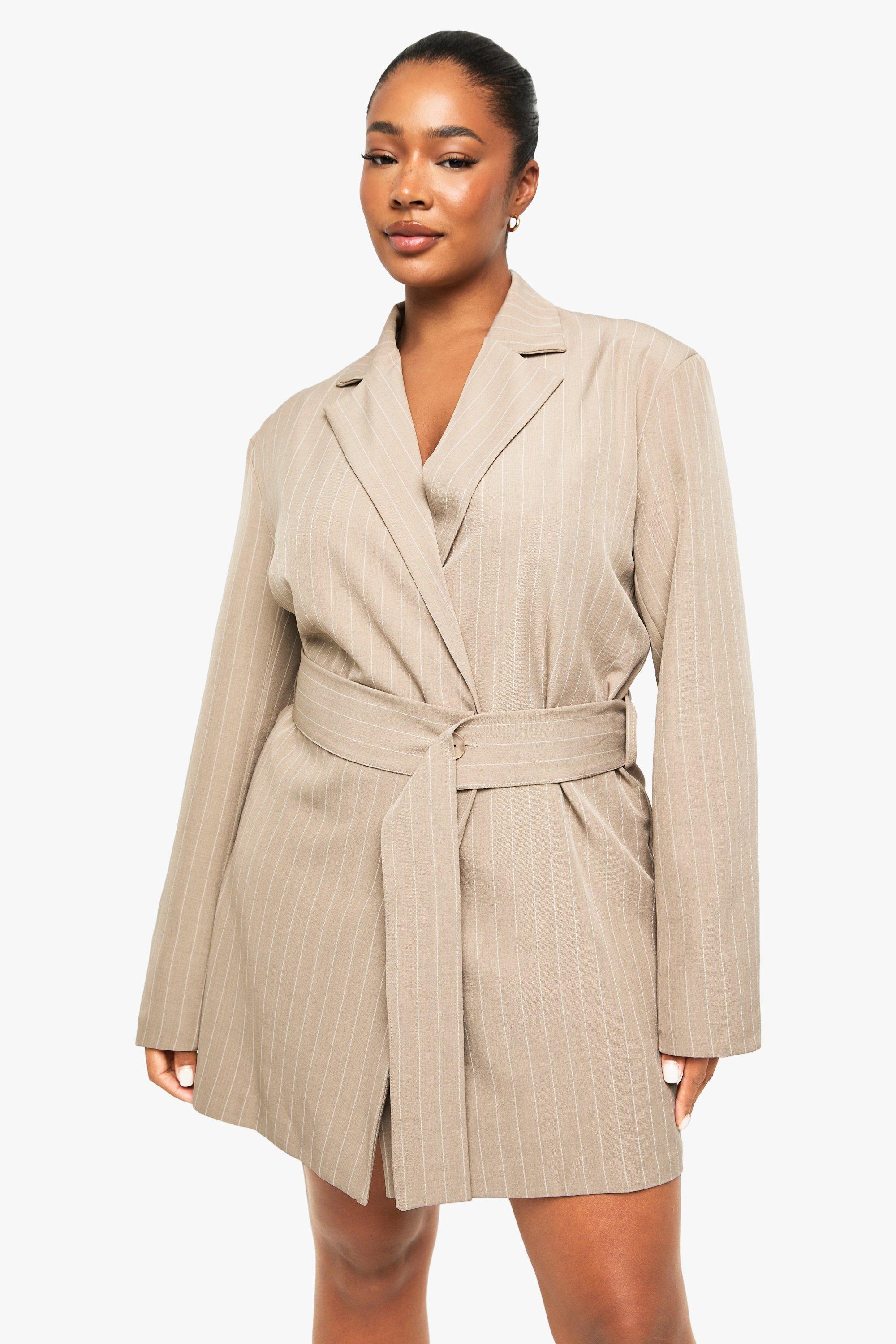 Image of VESTITO BLAZER PLUS CON CINTURA GESSATO, Beige