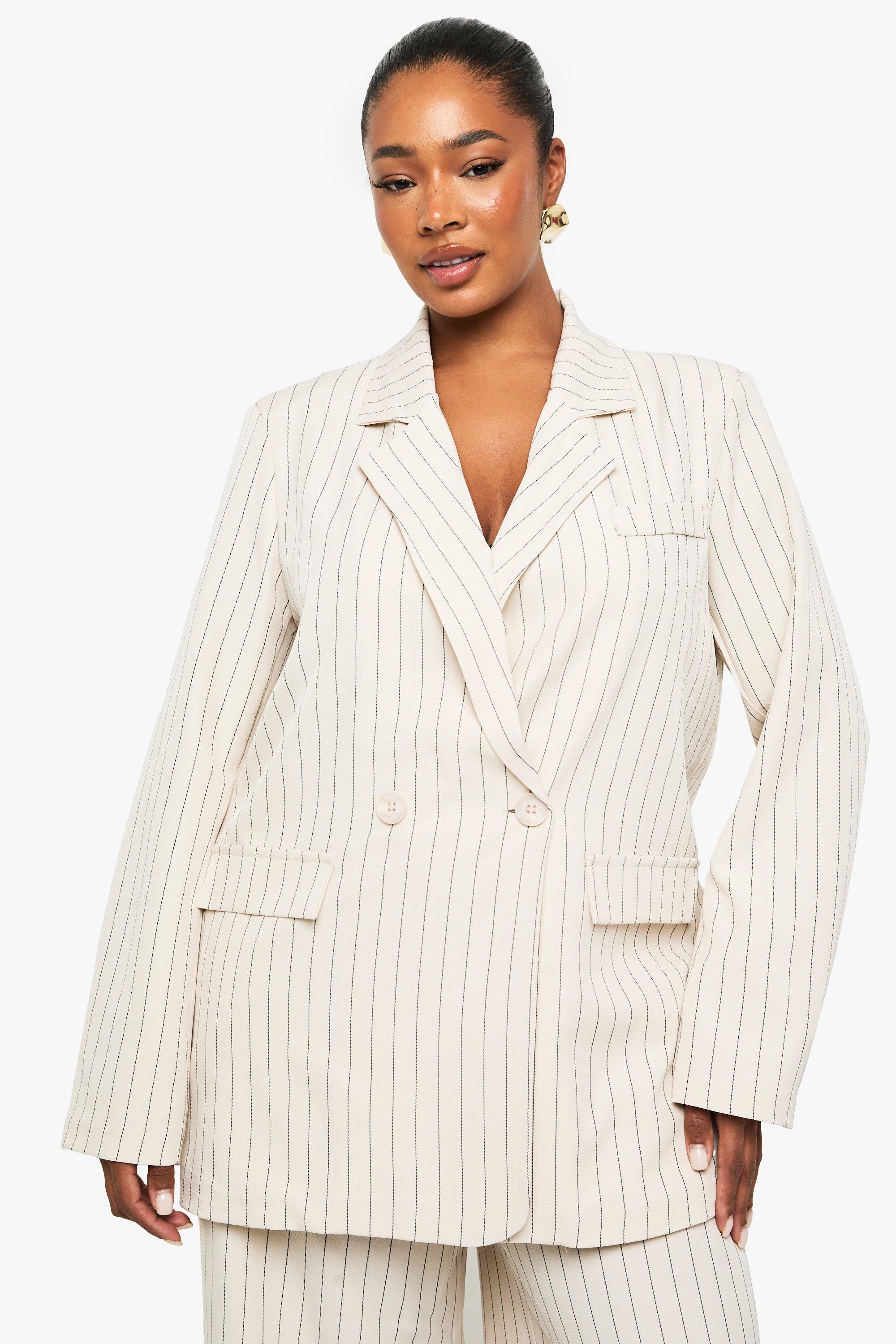 Boohoo Plus Oversized Blazer Met Krijtstrepen, Beige