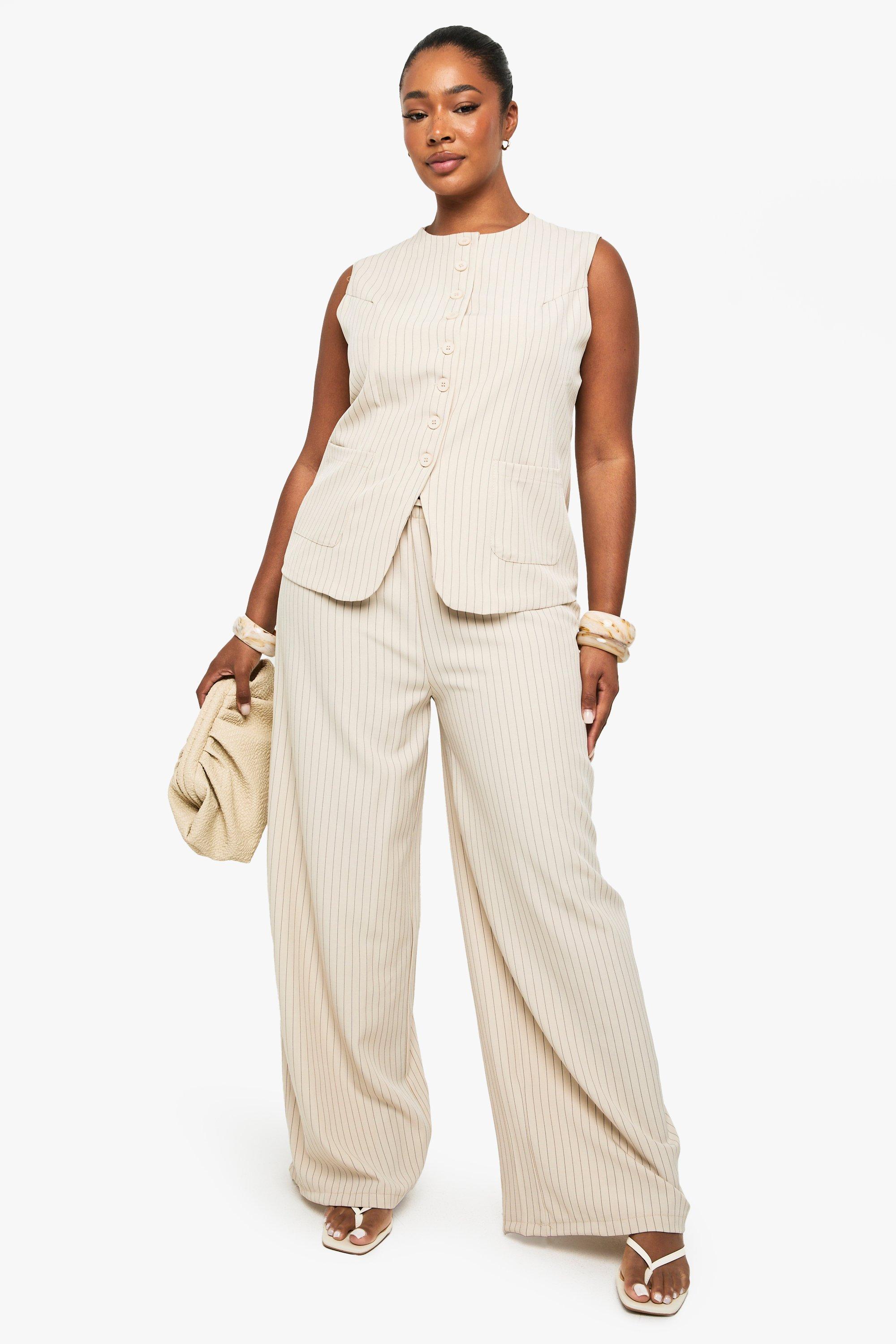 Image of Pantaloni Plus Size a gamba ampia a righe verticali con coulisse, Beige