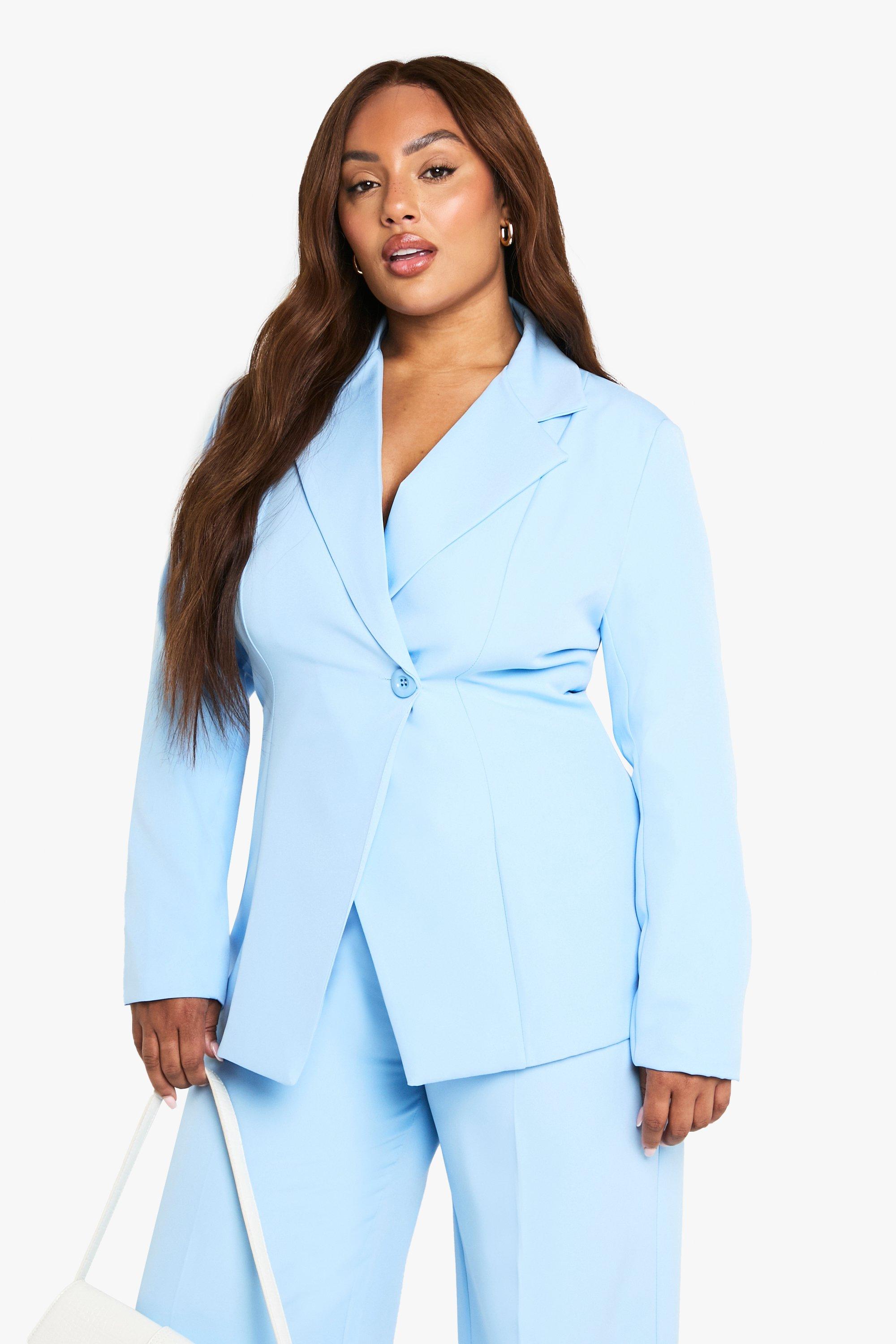 Boohoo Plus Long Line Blazer Met Enkele Knopen, Powder Blue