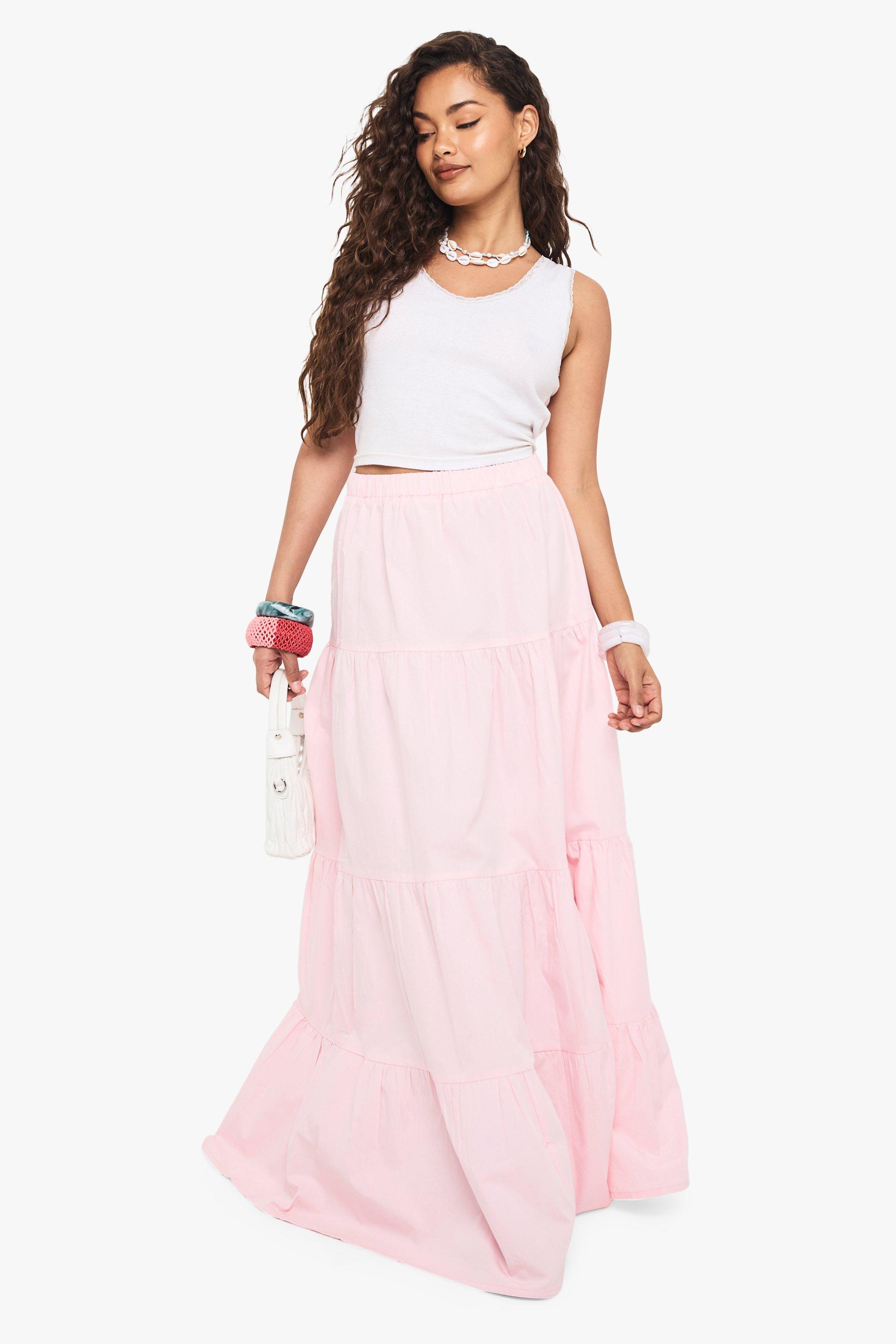 Boohoo Poplin Maxi Rok Met Laagjes, Baby Pink