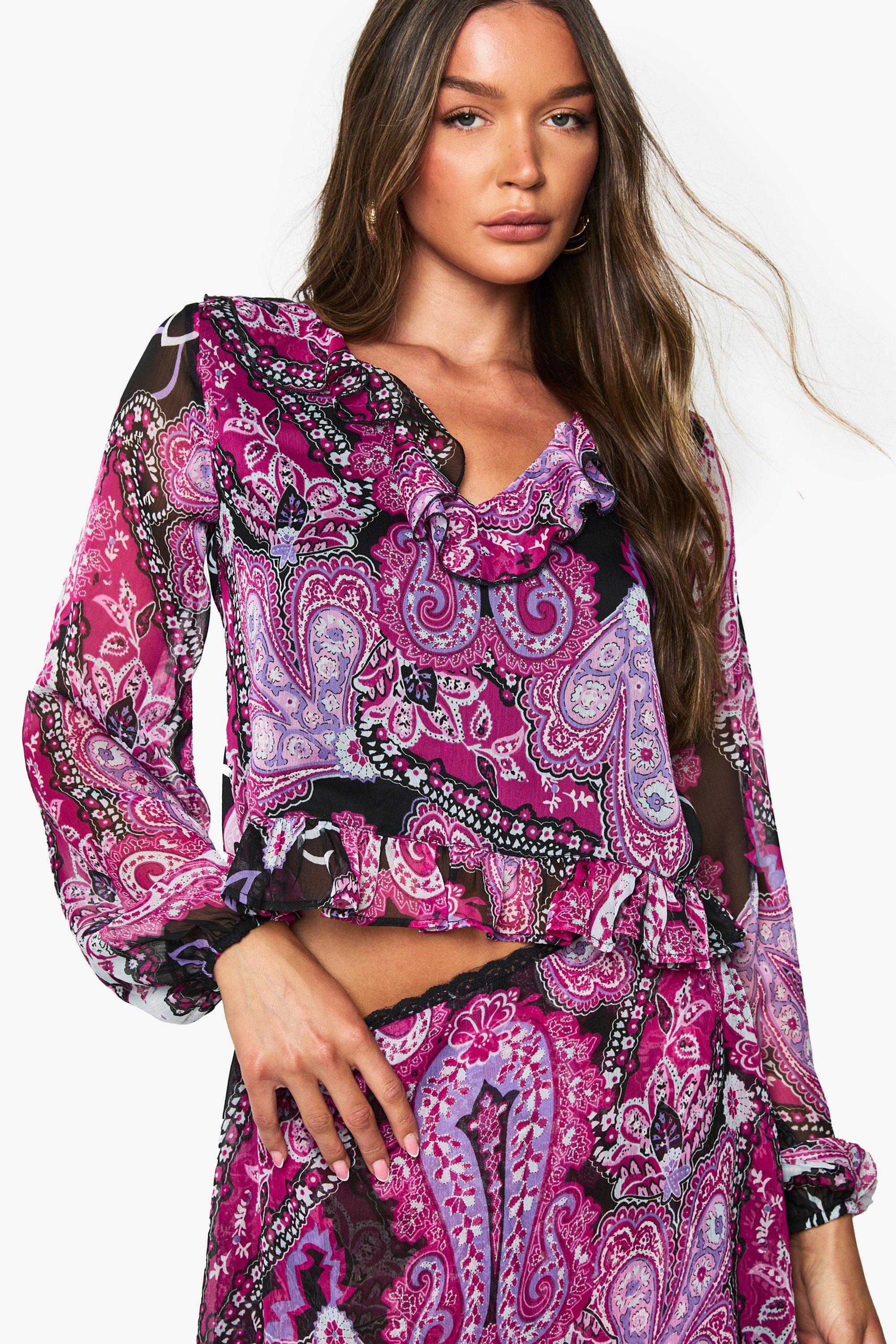 Image of Blusa in chiffon in fantasia cachemire con arricciature, Purple