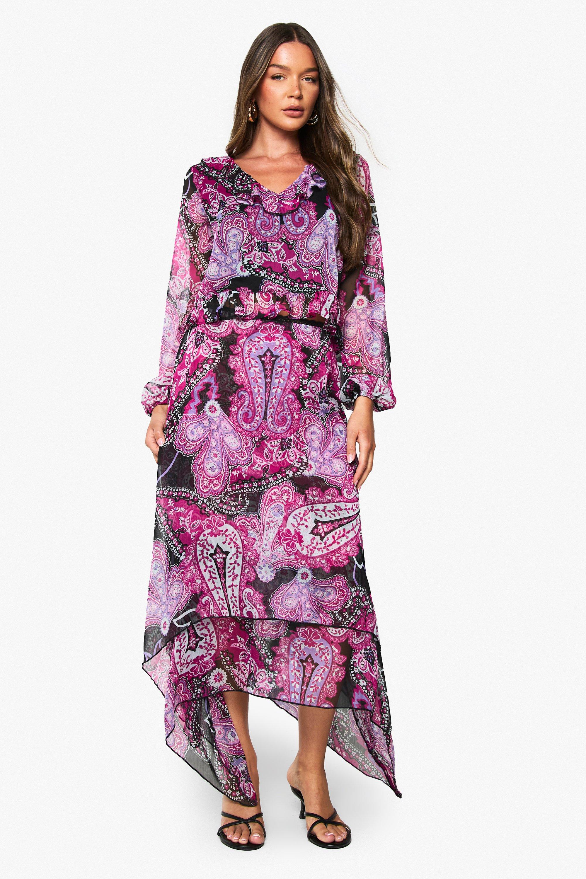 Image of Gonna midi in chiffon in fantasia cachemire con fondo a fazzoletto, Purple
