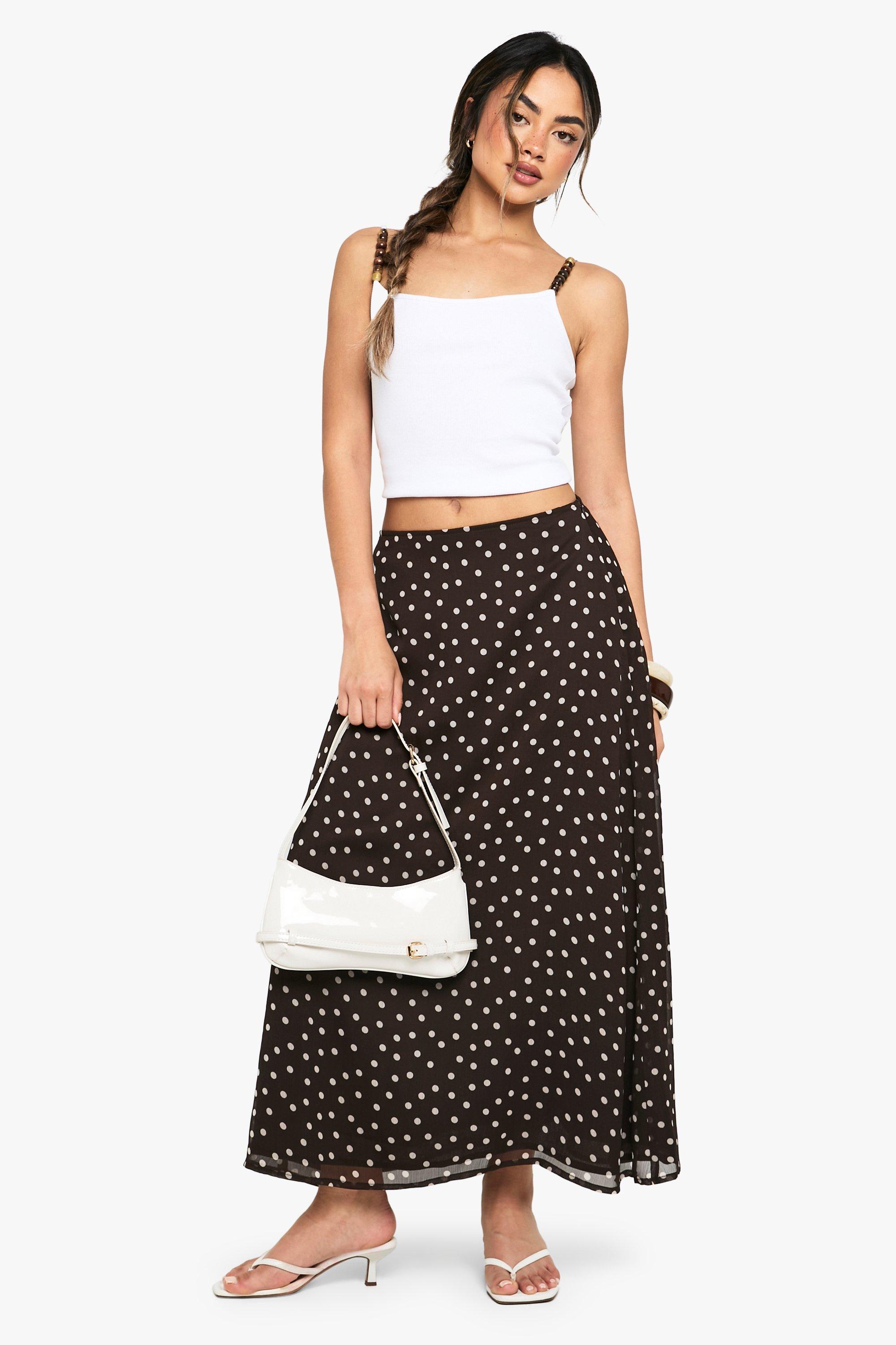 Boohoo Chiffon Midi Rok Met Stippen, Brown