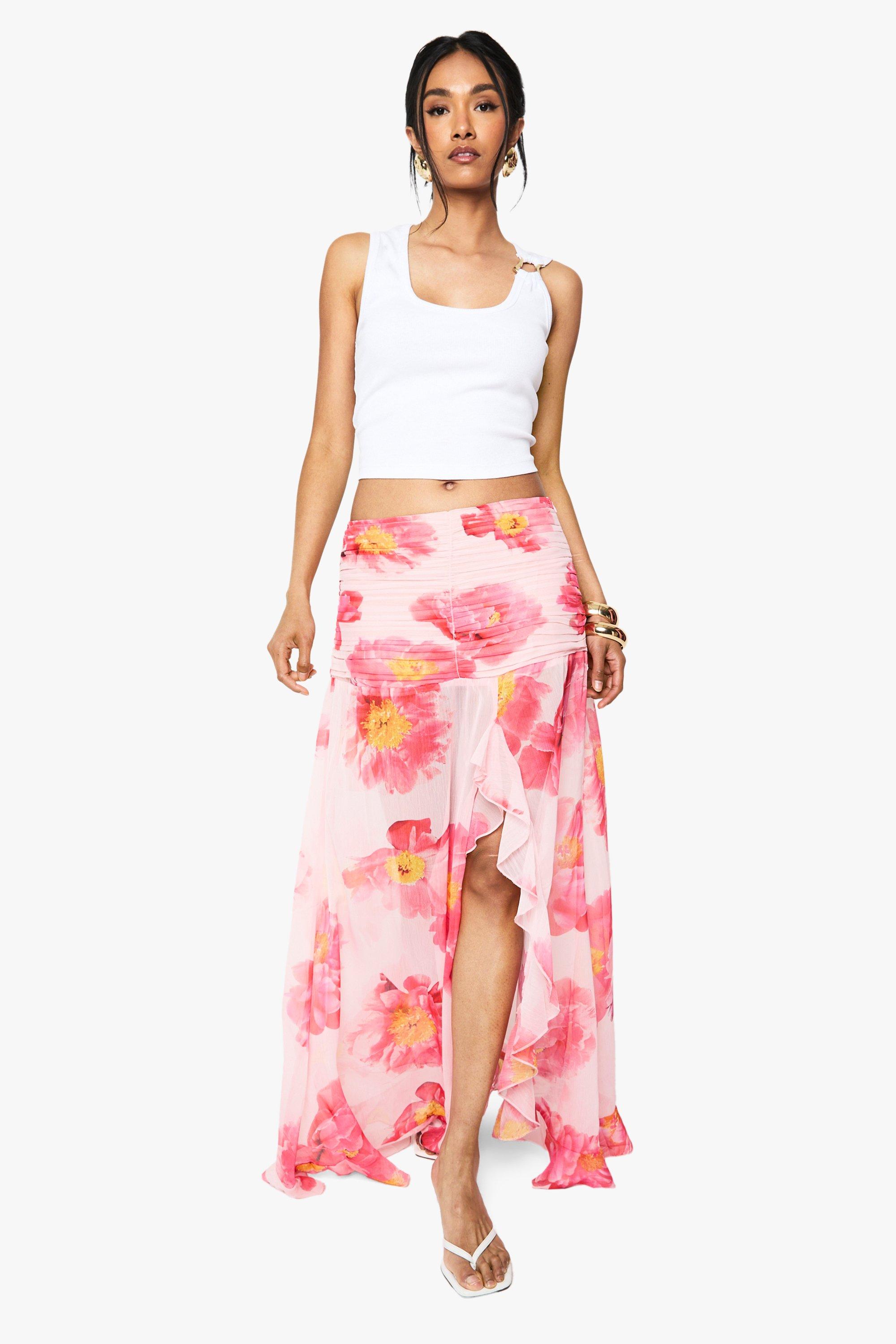 Boohoo Chiffon Bloemen Maxi Rok Met Ruches En Split, Pink