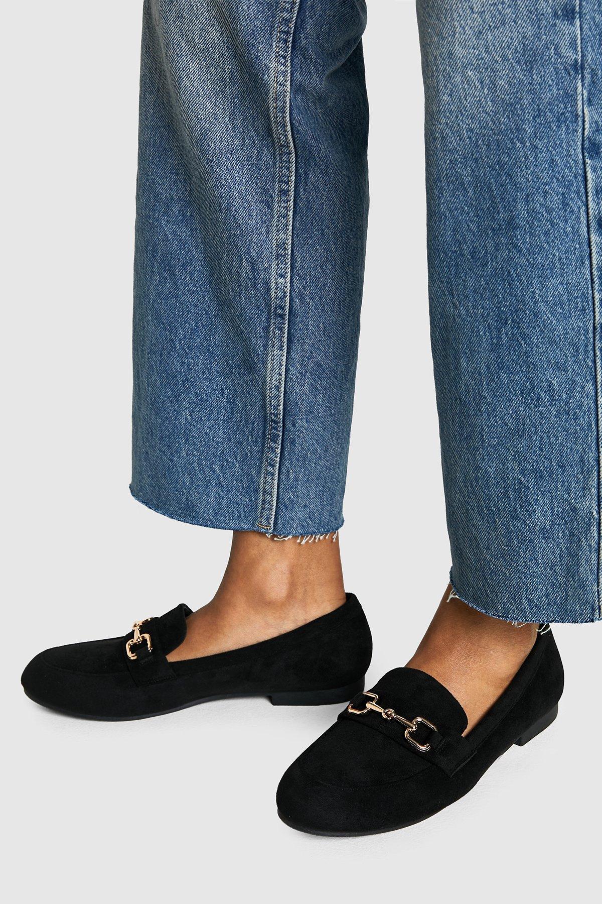Boohoo Faux Suede Hardware Flat Loafers, Black