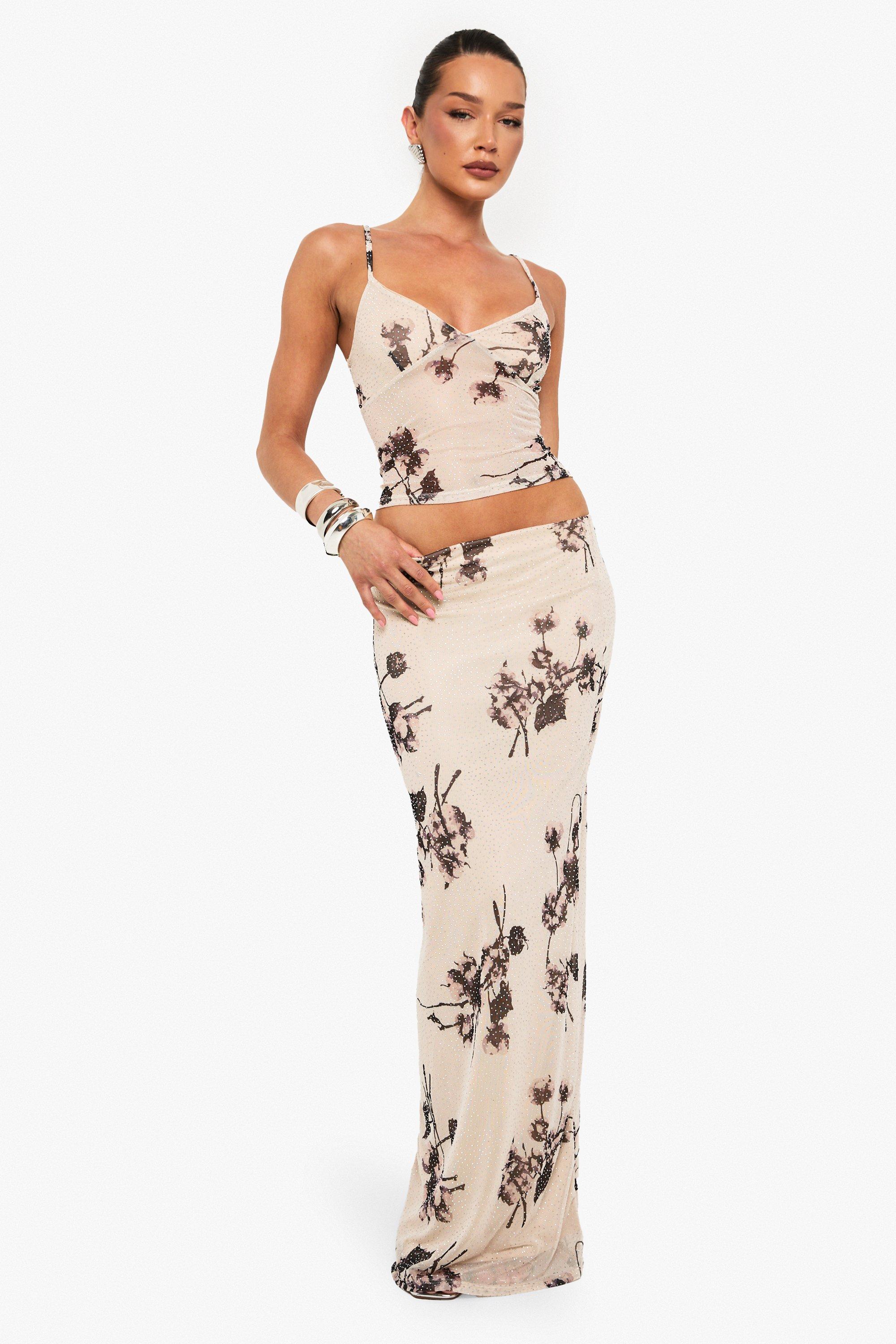 Boohoo Mesh Hot Fix Maxi Rok Met Print, Voering En Mesh, Nude