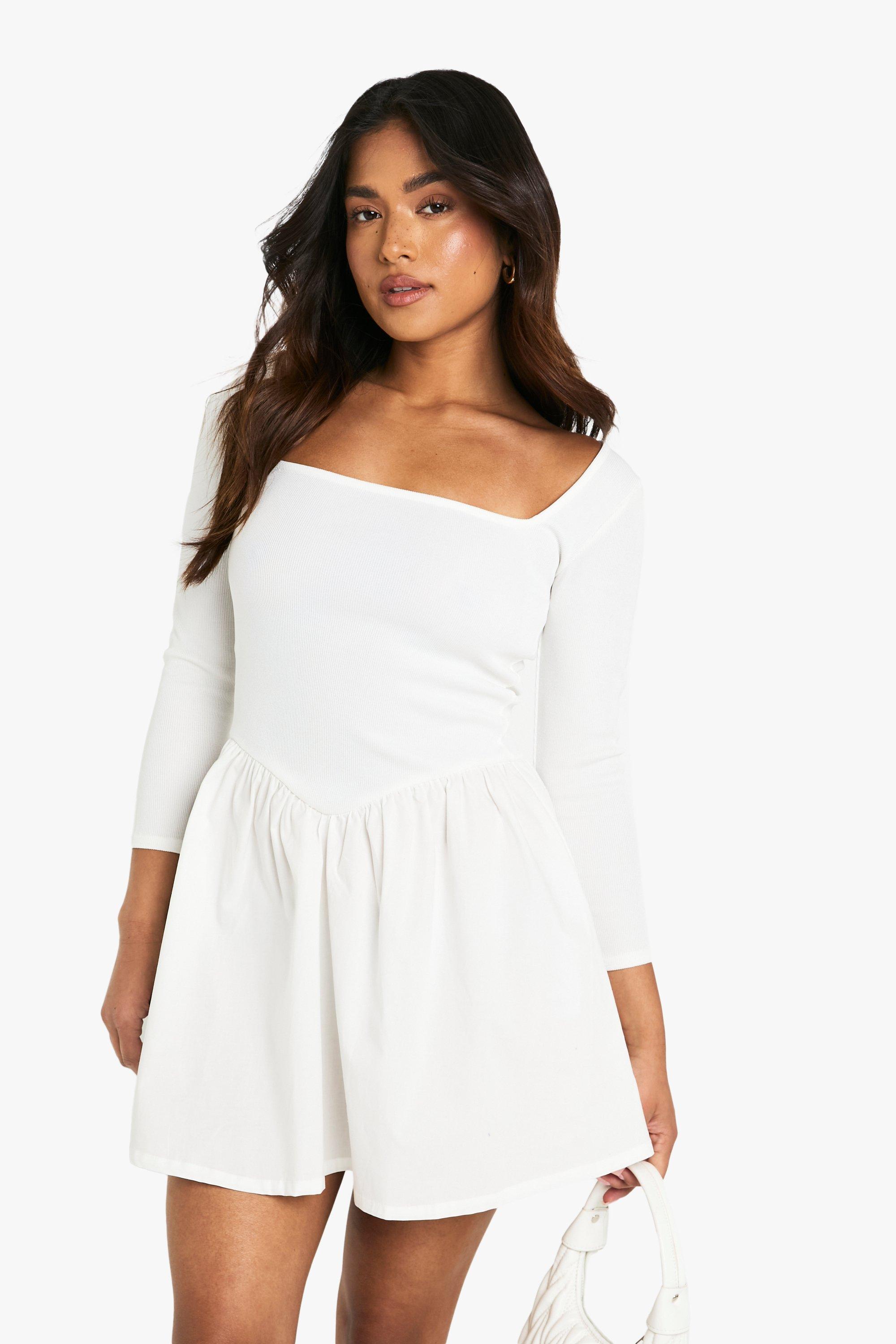 Boohoo Petite Geribbelde Jersey Mini Jurk Met Lange Mouwen, White