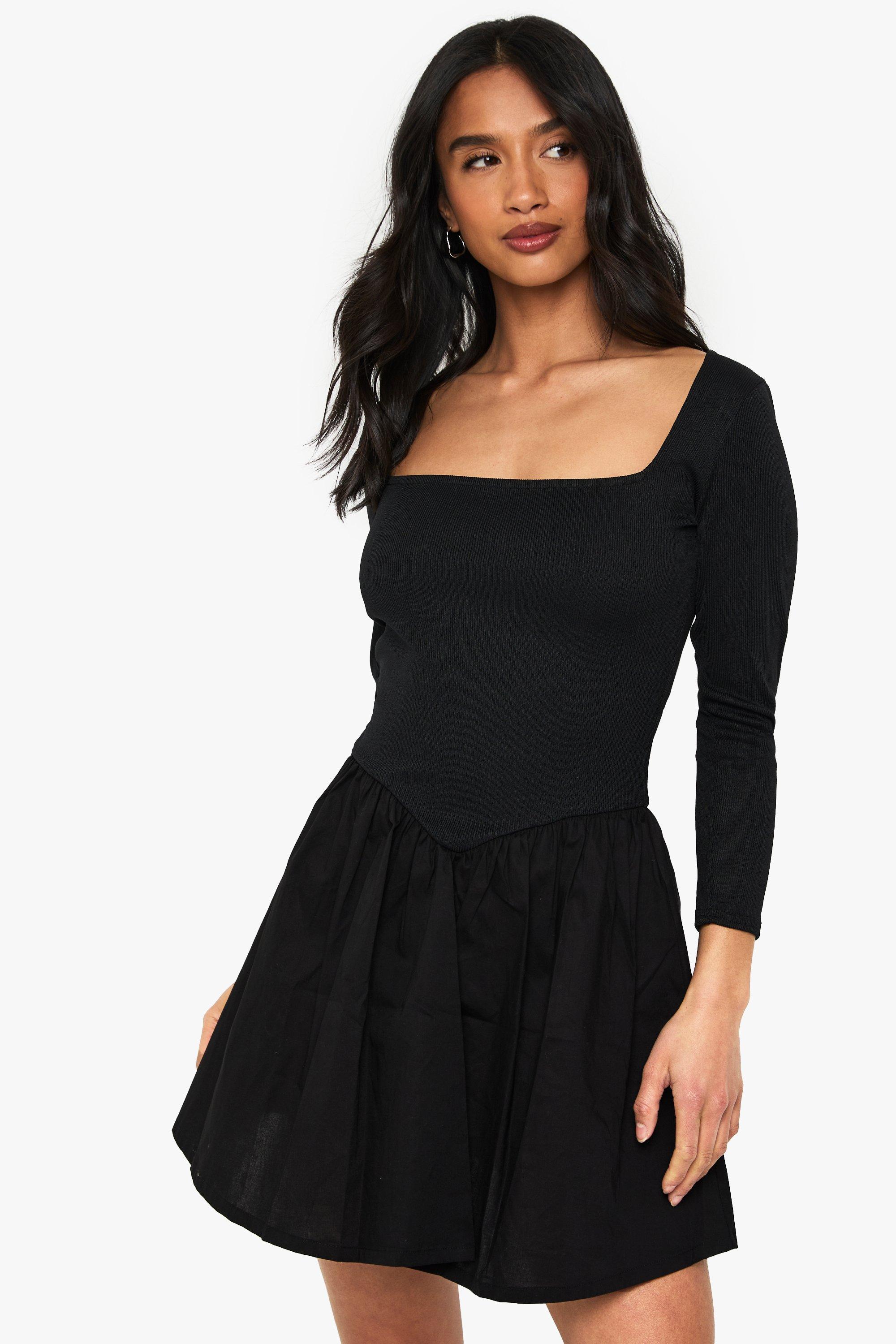 Boohoo Petite Geribbelde Jersey Mini Jurk Met Lange Mouwen, Black