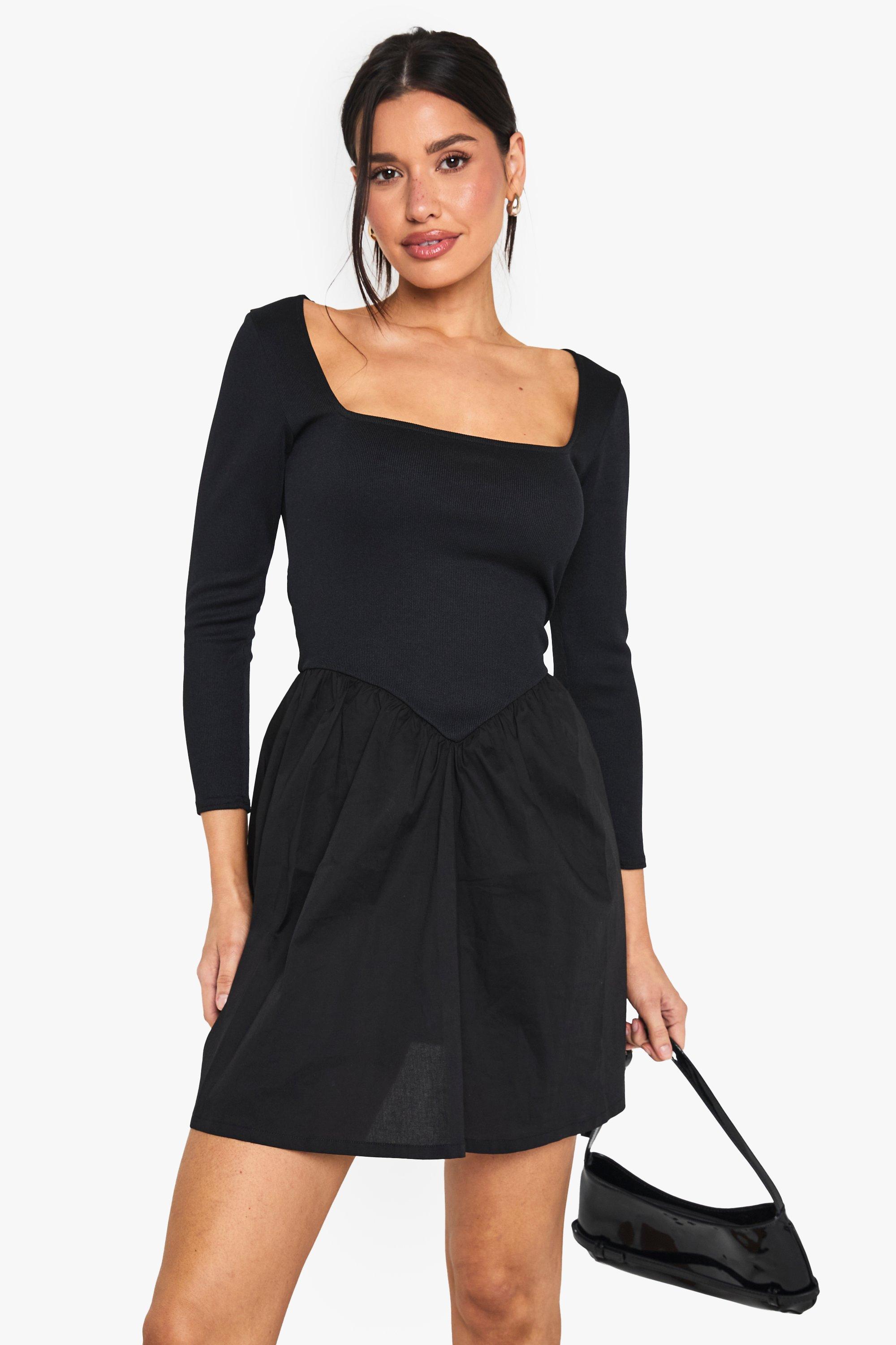 Boohoo Tall Geribbelde Jersey Katoenen Mini Jurk Met Lange Mouwen, Black