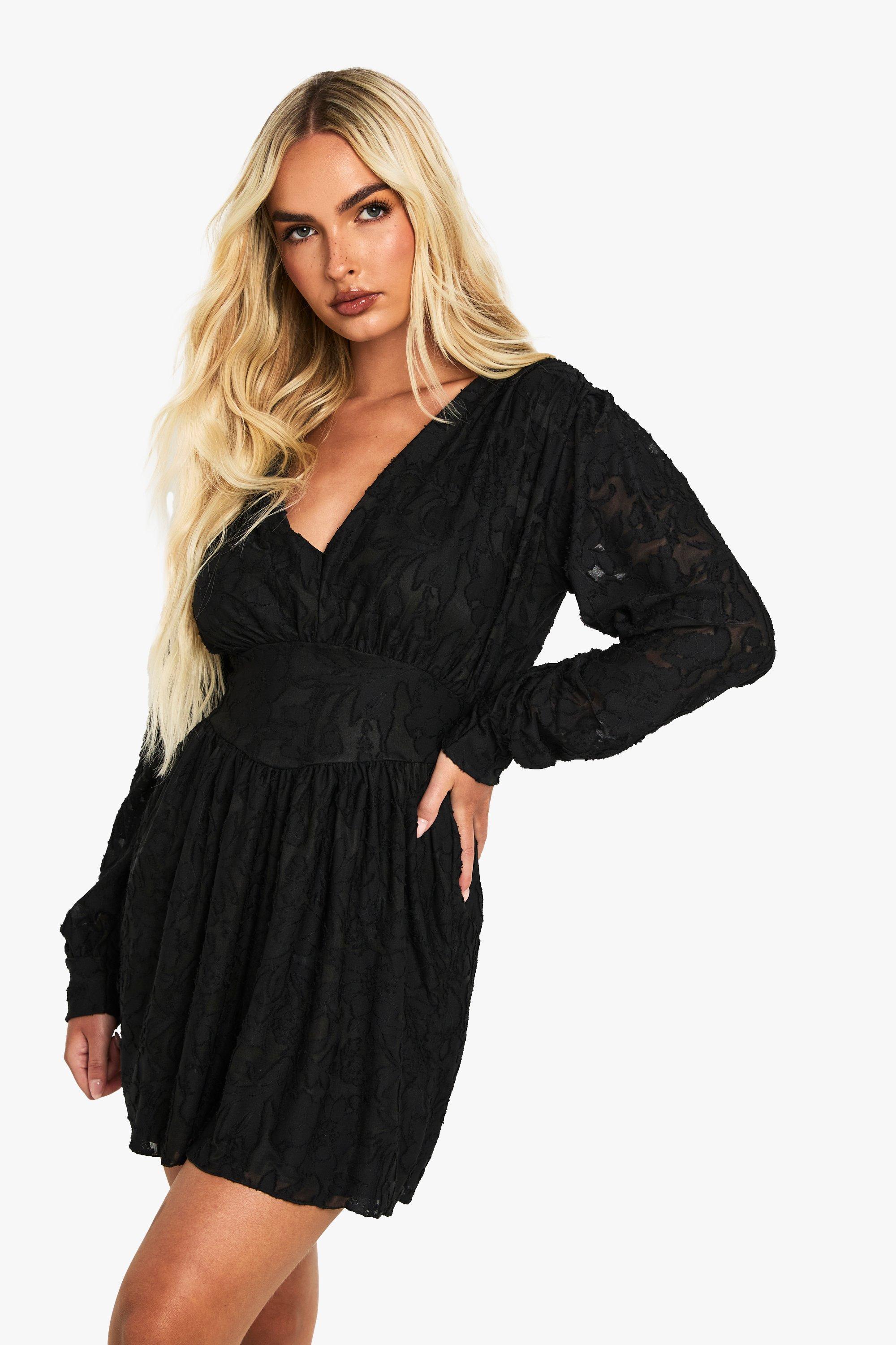 Boohoo Burnout Bloemen Skater Jurk Met Lange Mouwen, Black