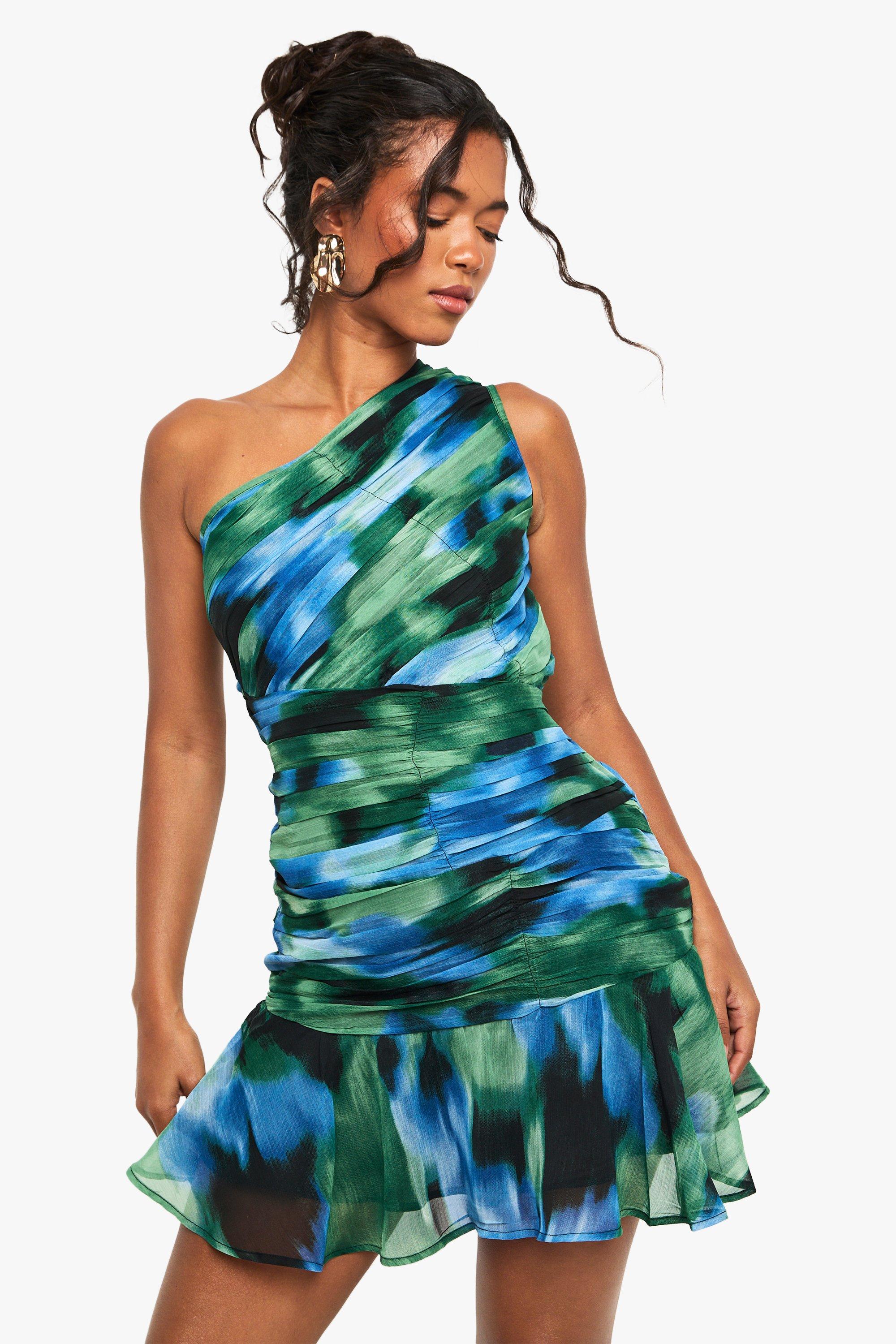 Boohoo Abstract Printed Ruched One Shoulder Mini Dress, Blue