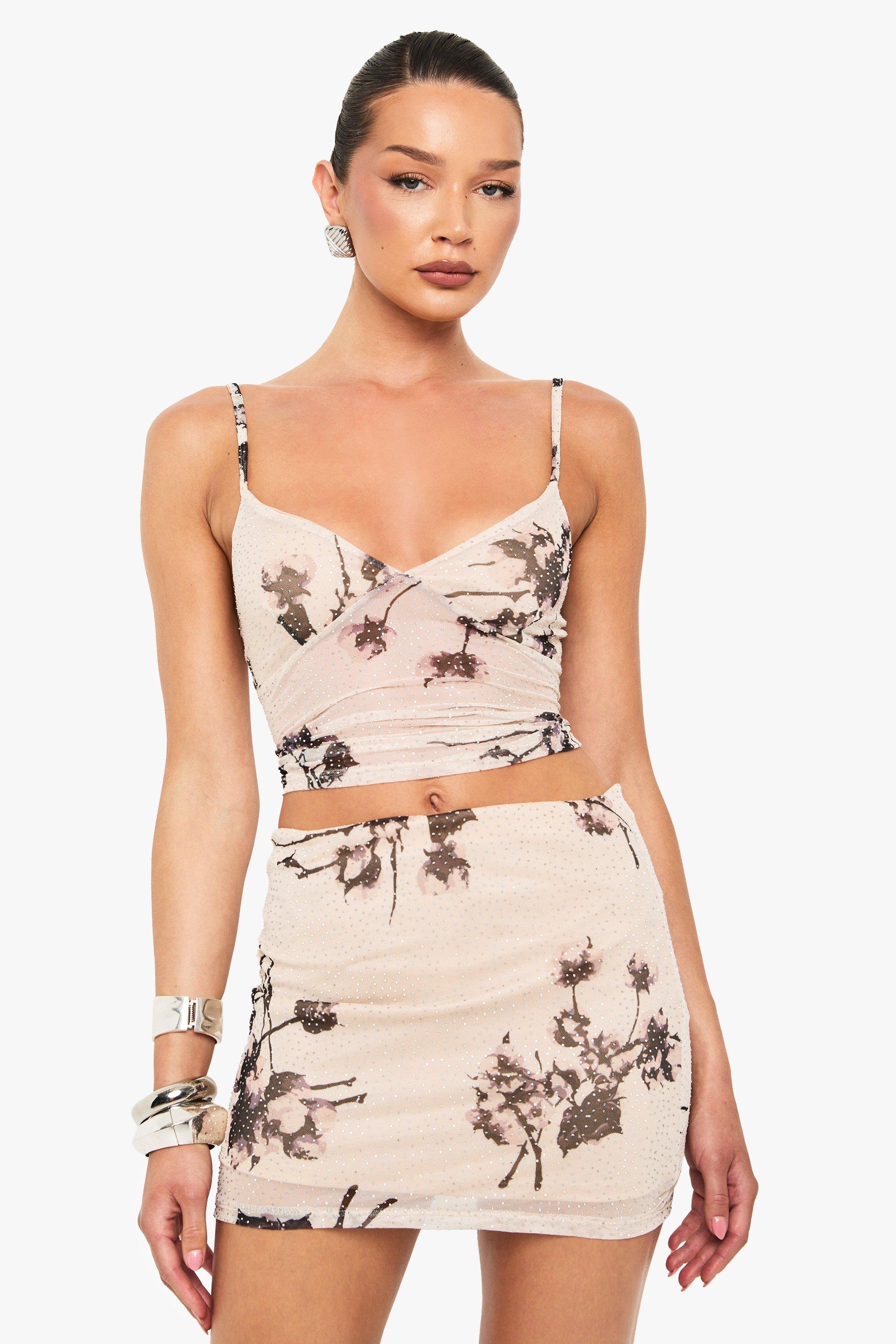 Boohoo Losse A-Lijn Mini Rok Met Print, Mesh Voering En Print, Nude