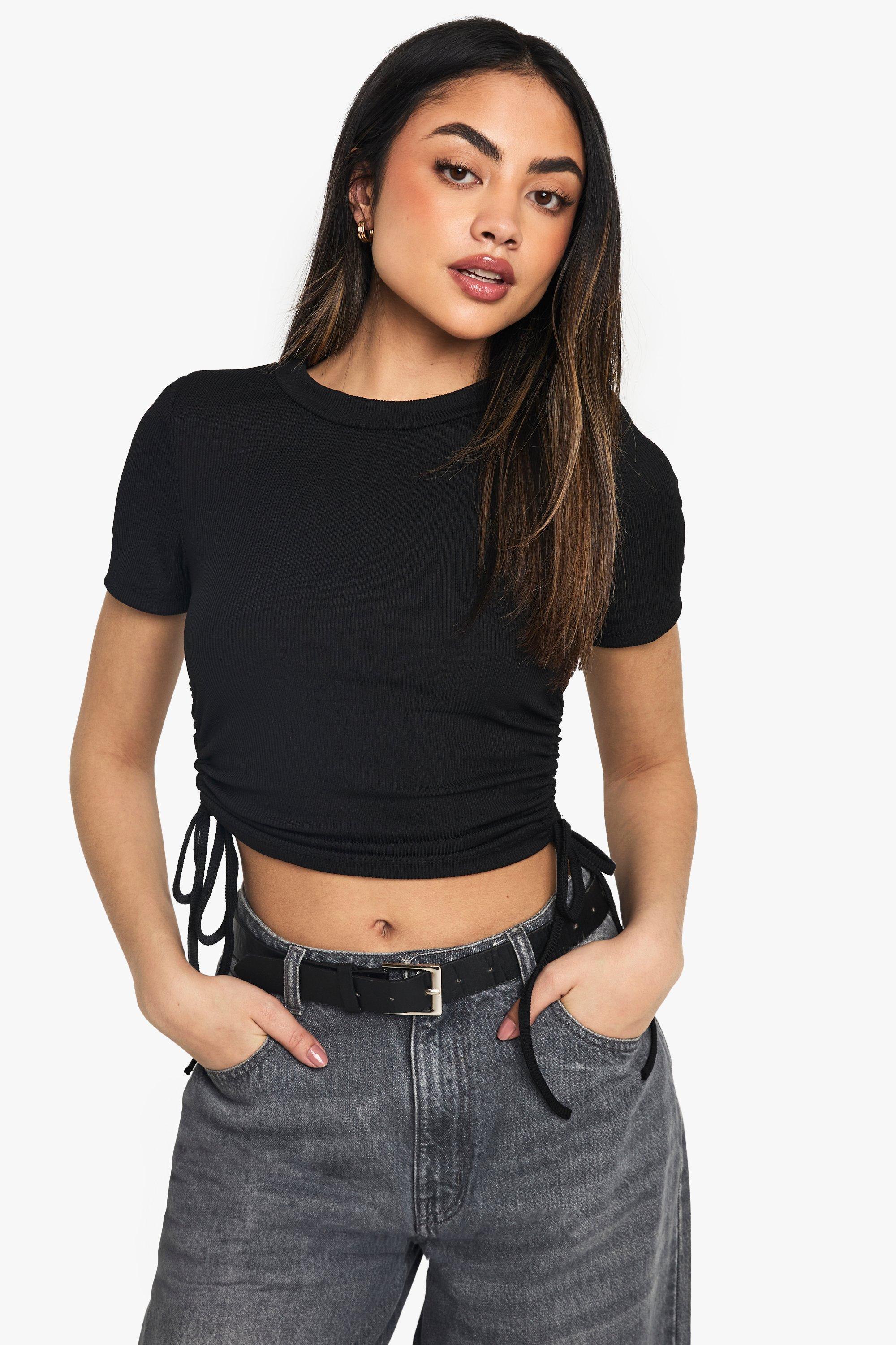 Image of T-SHIRT NEONATA A COSTE CON SPALLINE imbottite e ruches laterali, Nero