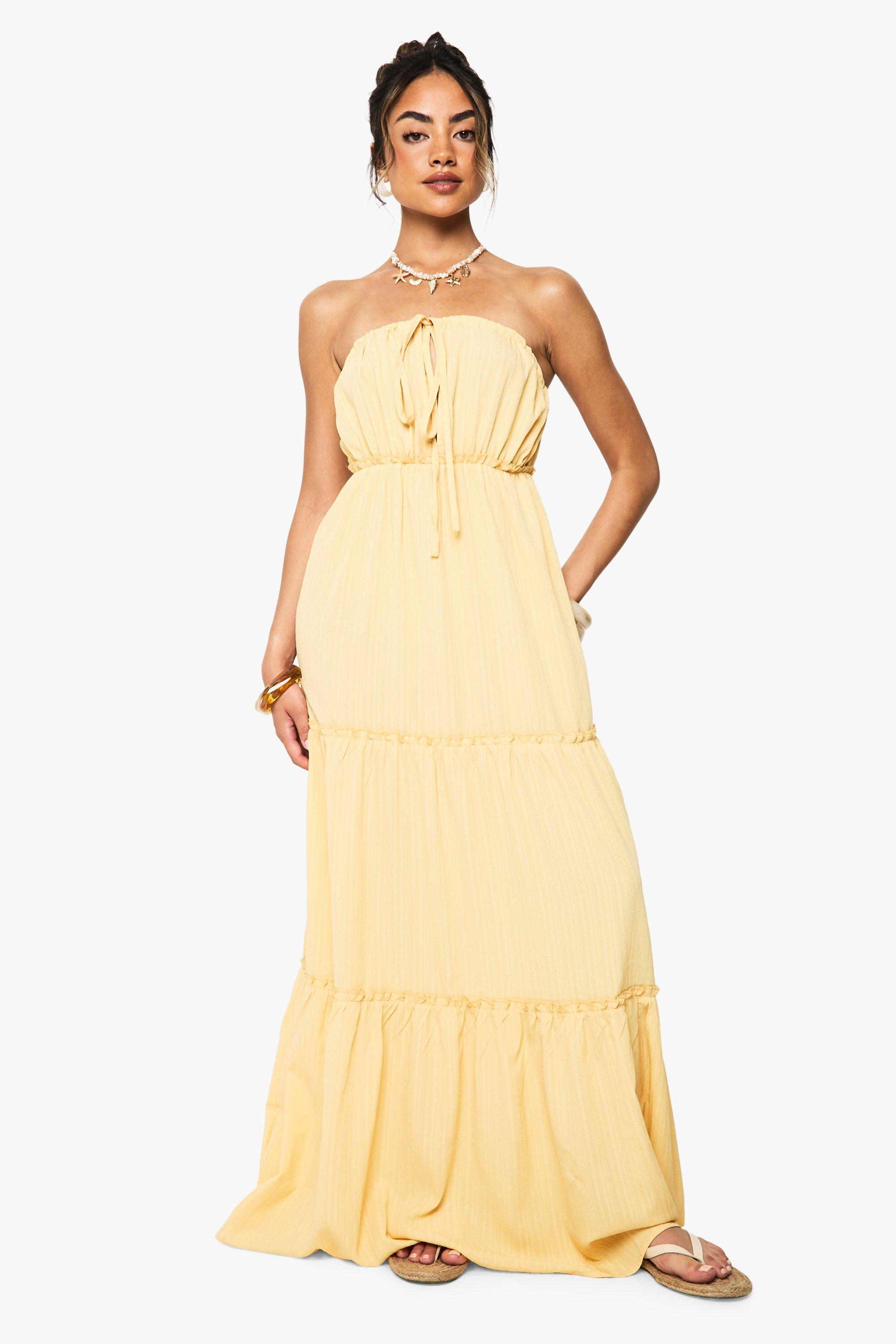 Boohoo Textured Crinkle Strappy Tiered Mini Dress, Lemon