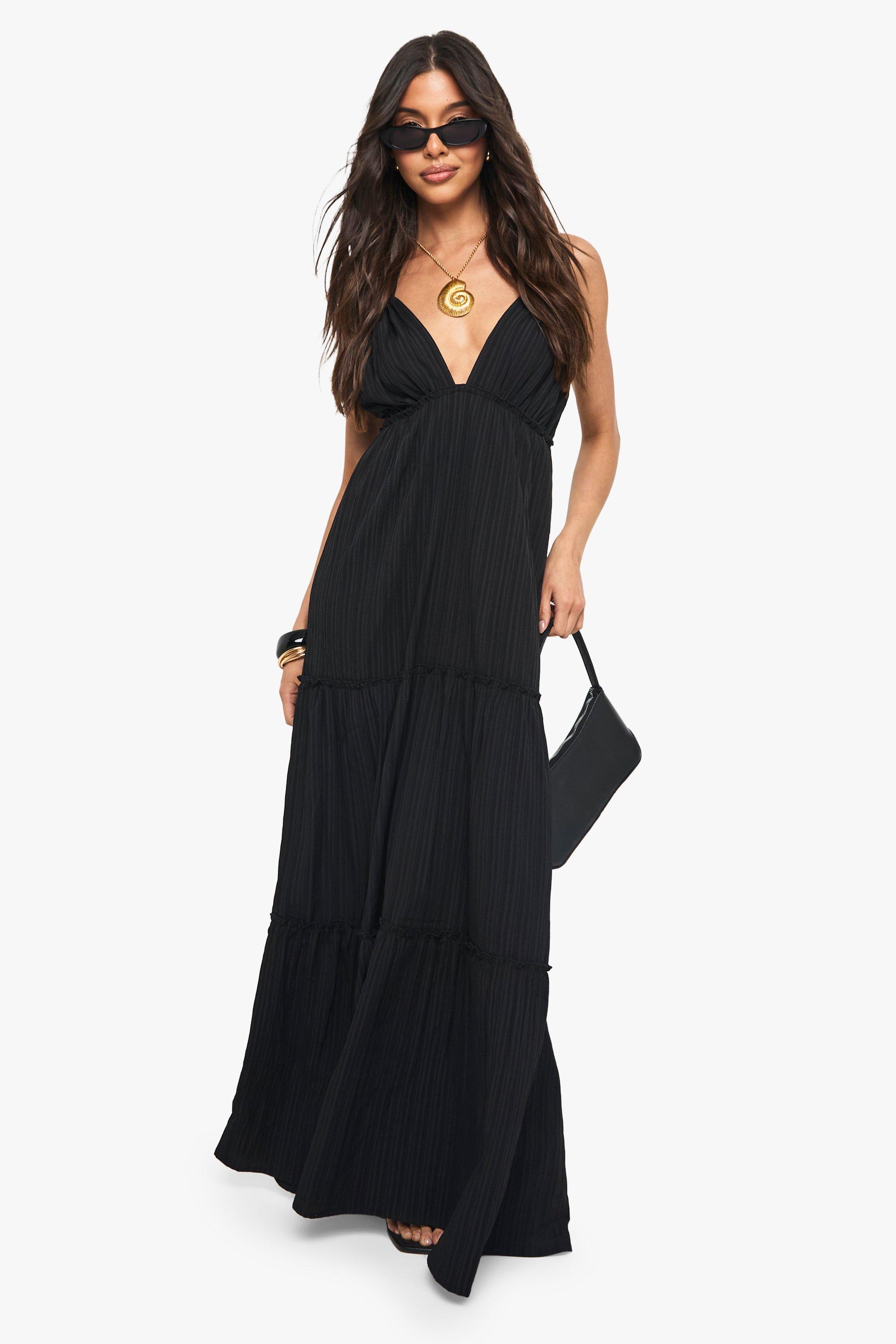Boohoo Textured Crinkle Strappy Tiered Maxi Dress, Black