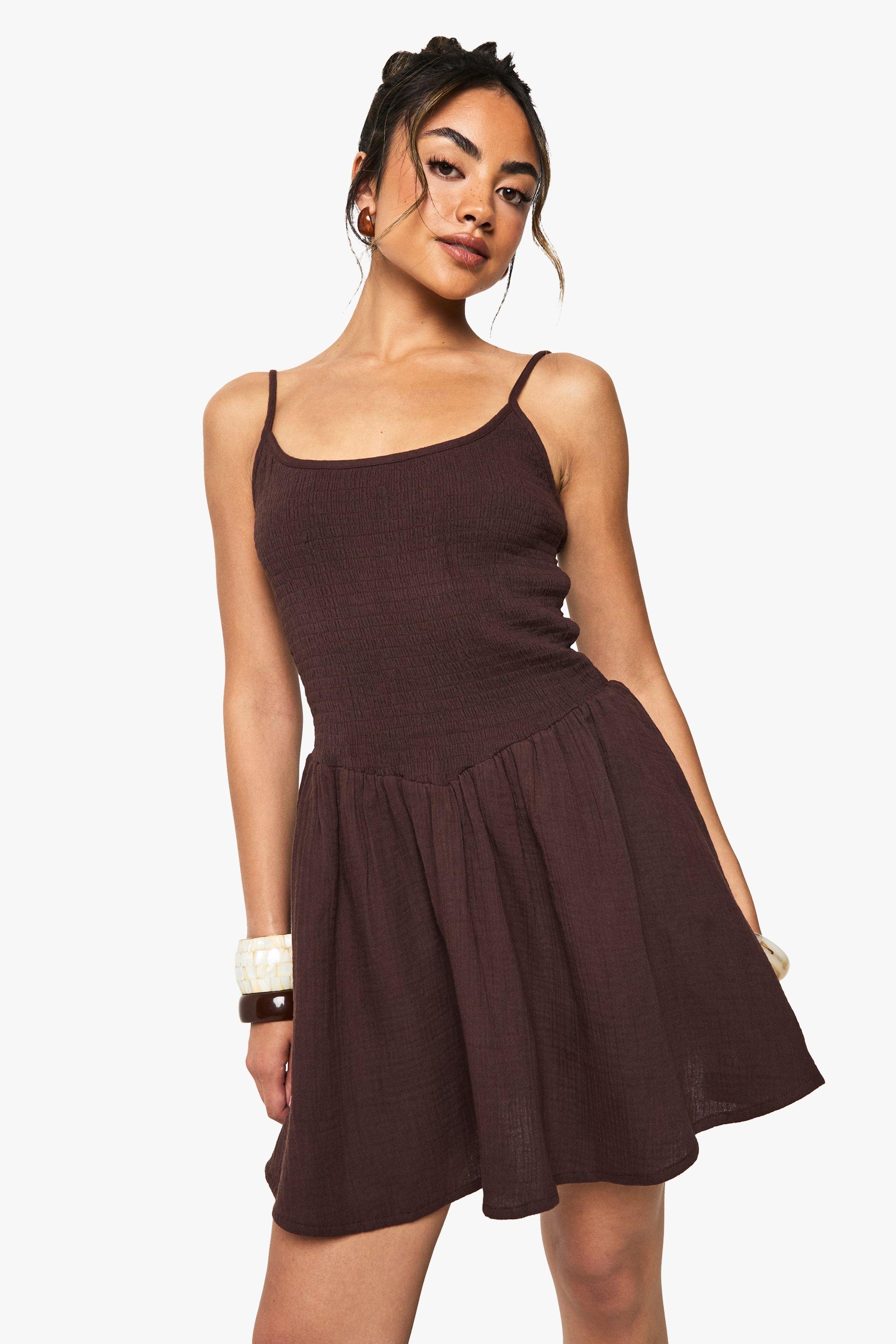 Boohoo Crinkle Cotton Shirred Strappy Mini Dress, Chocolate