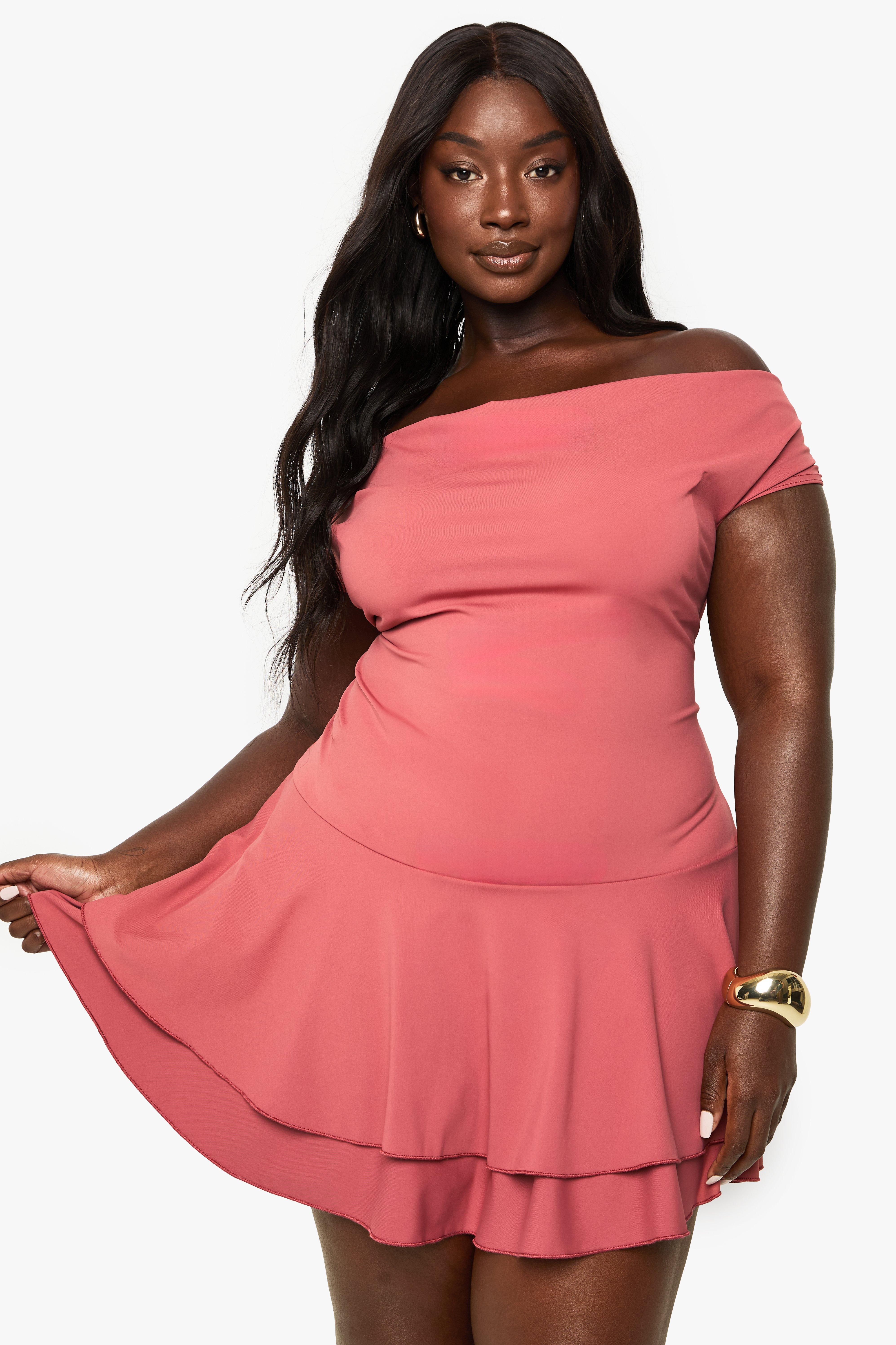 Boohoo Plus Premium Skater Jurk Met Dubbele Lagen, Dusky Pink