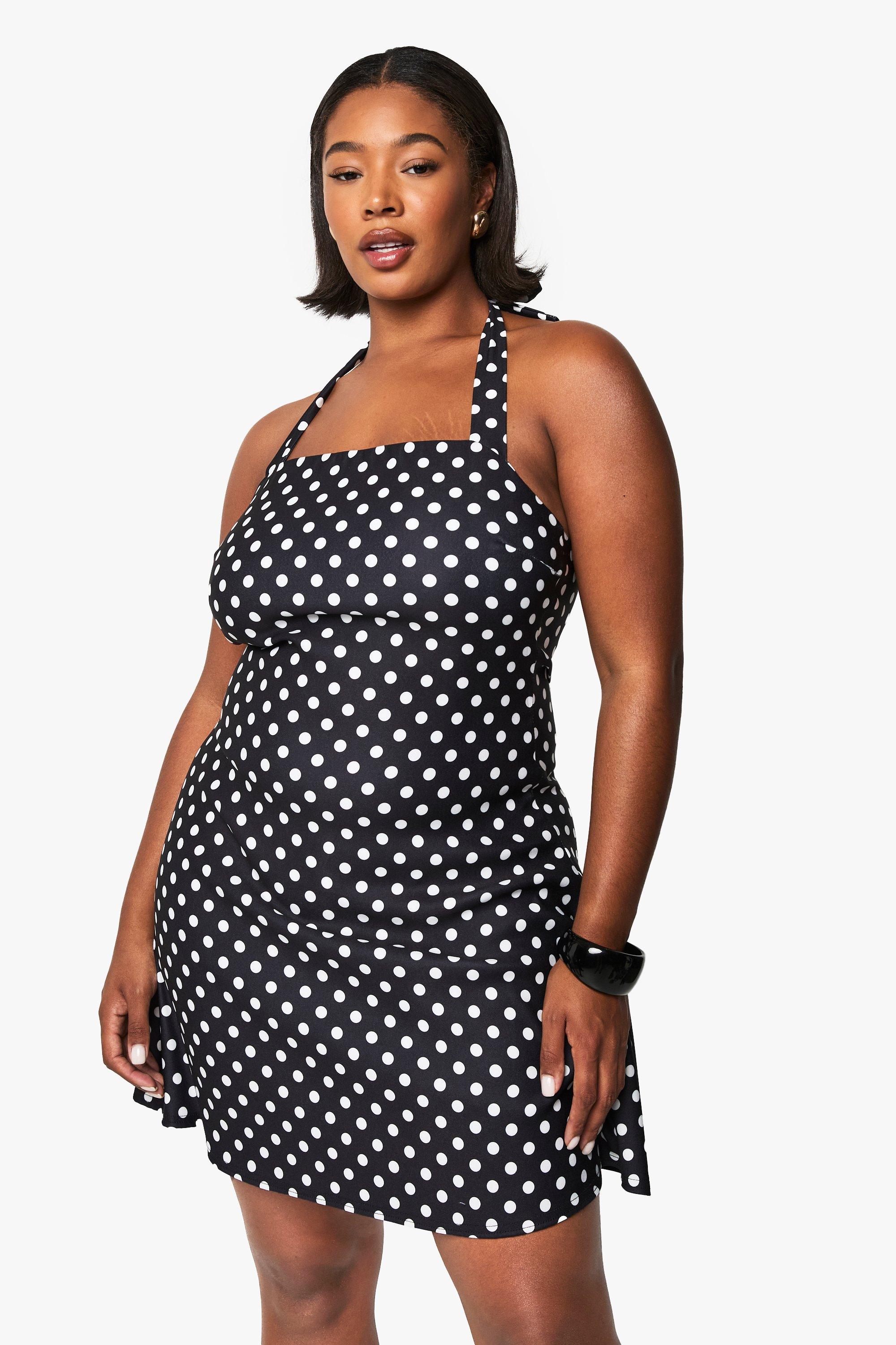 Boohoo Plus Bengaline Mini Jurk Met Stippen En Vierkante Hals, Black