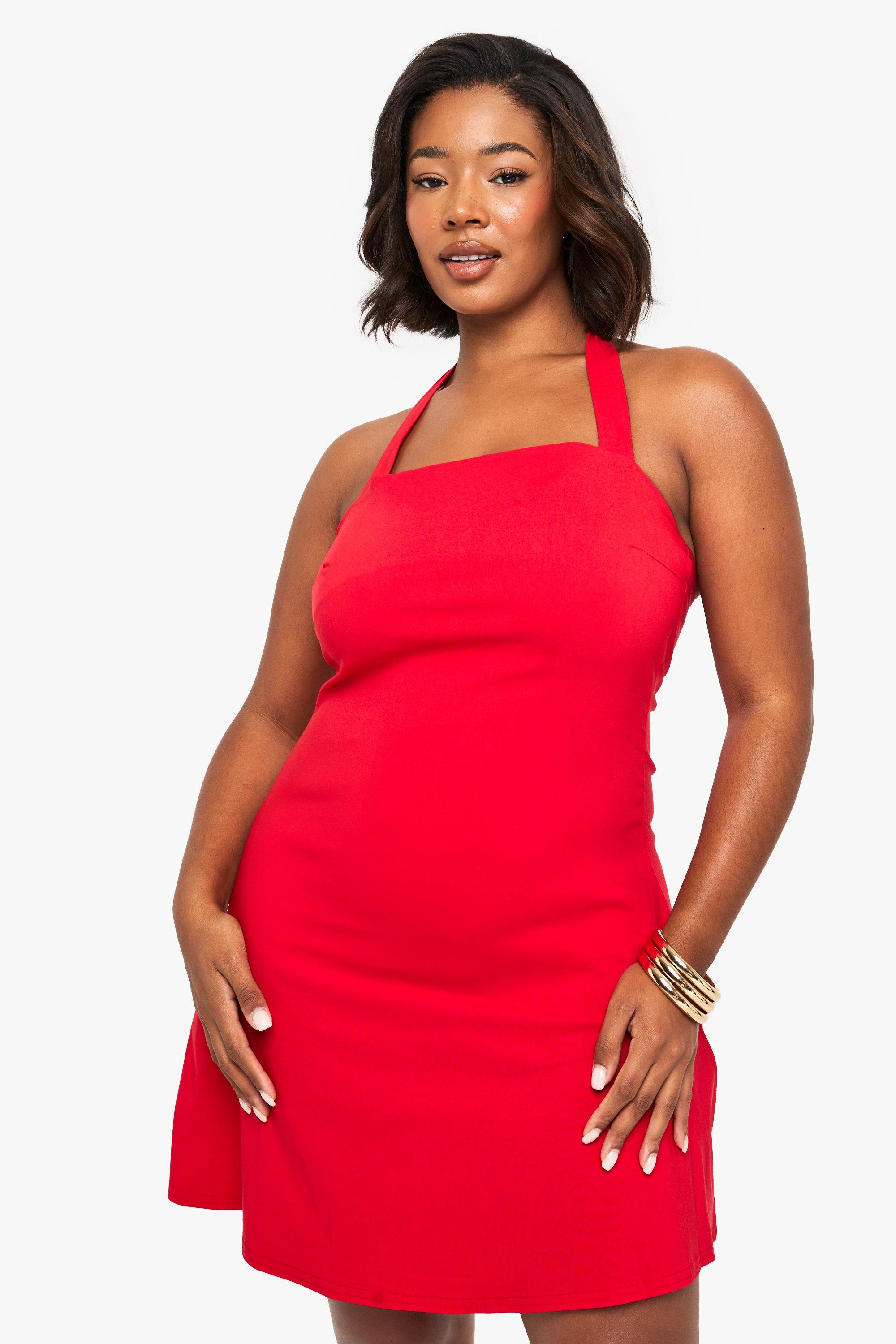 Boohoo Plus Bengaline Mini Jurk Met Ruches En Vierkante Hals, Red