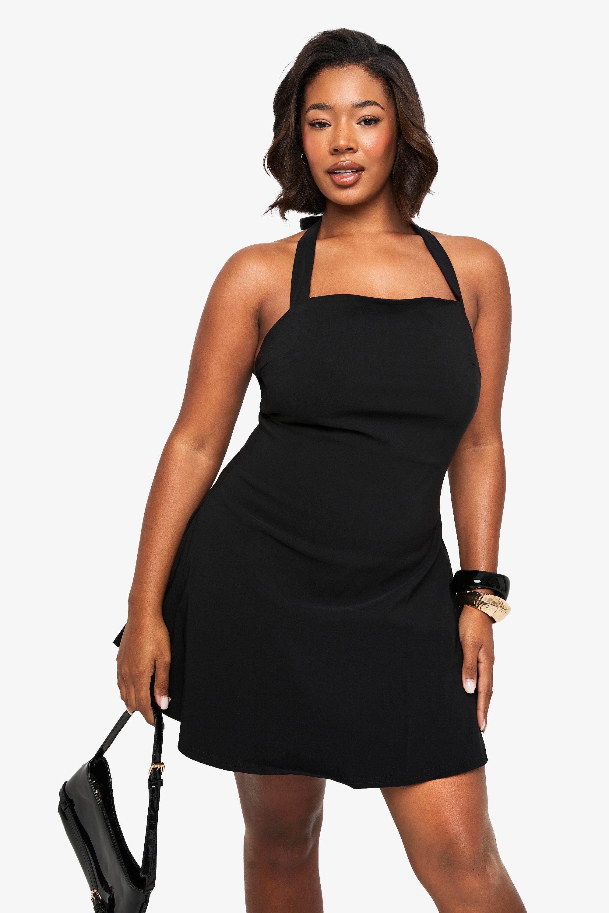 Boohoo Plus Bengaline Mini Jurk Met Ruches En Halter Neck, Black