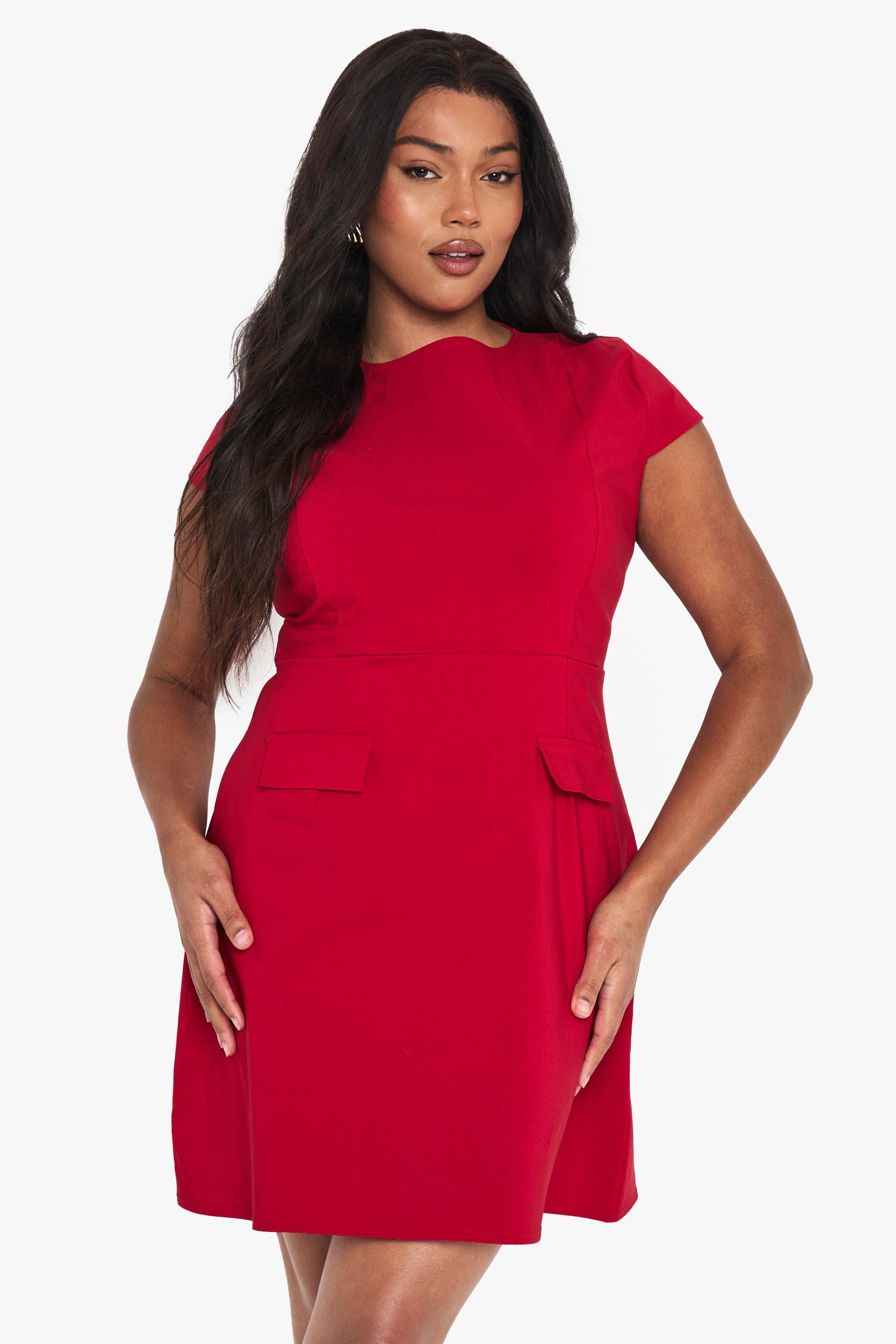 Boohoo Plus Bengaline Skater Jurk Met Kapmouwen, Red