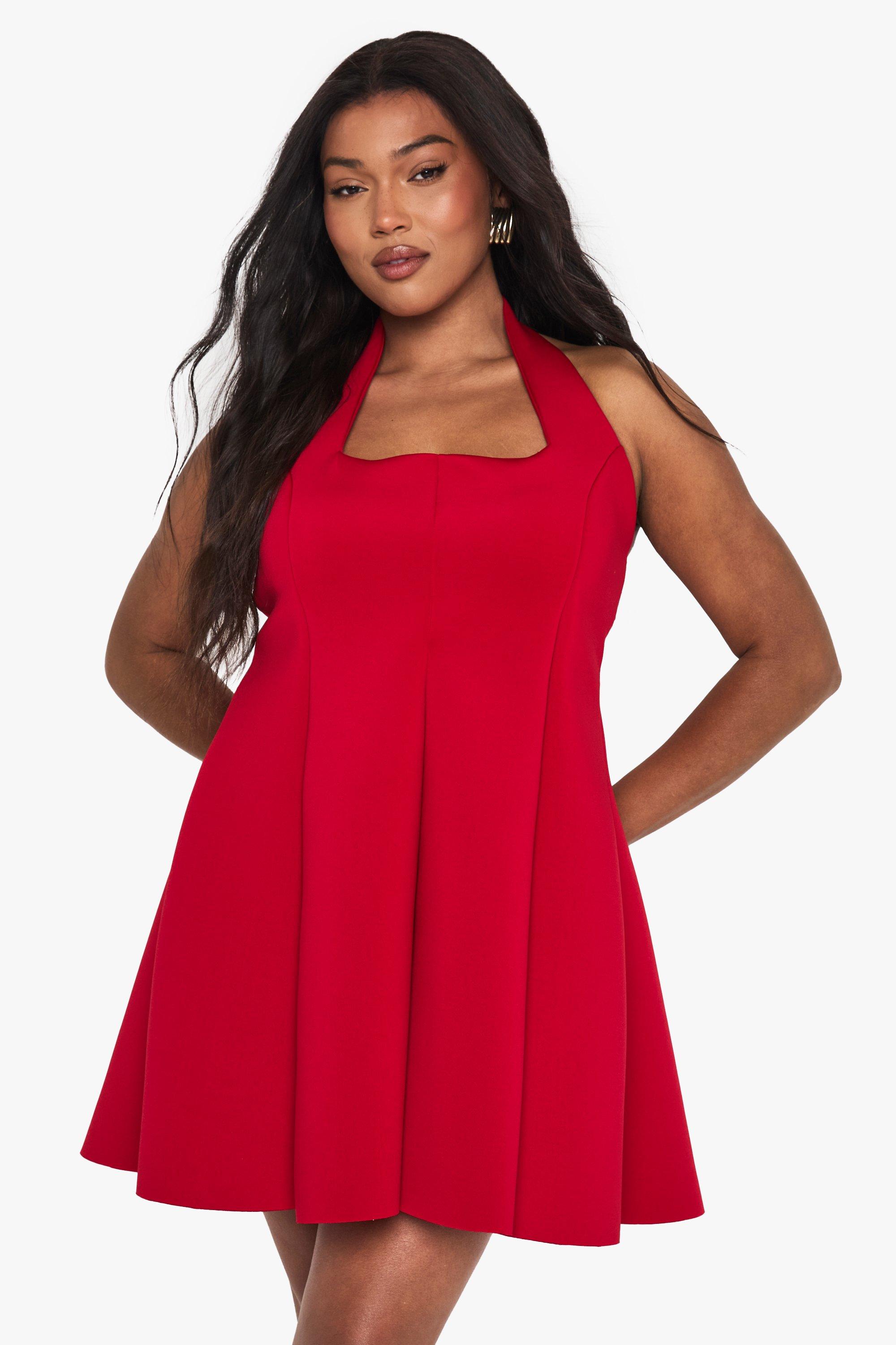 Boohoo Plus Skater Jurk Met Structuur En Panelen, Red