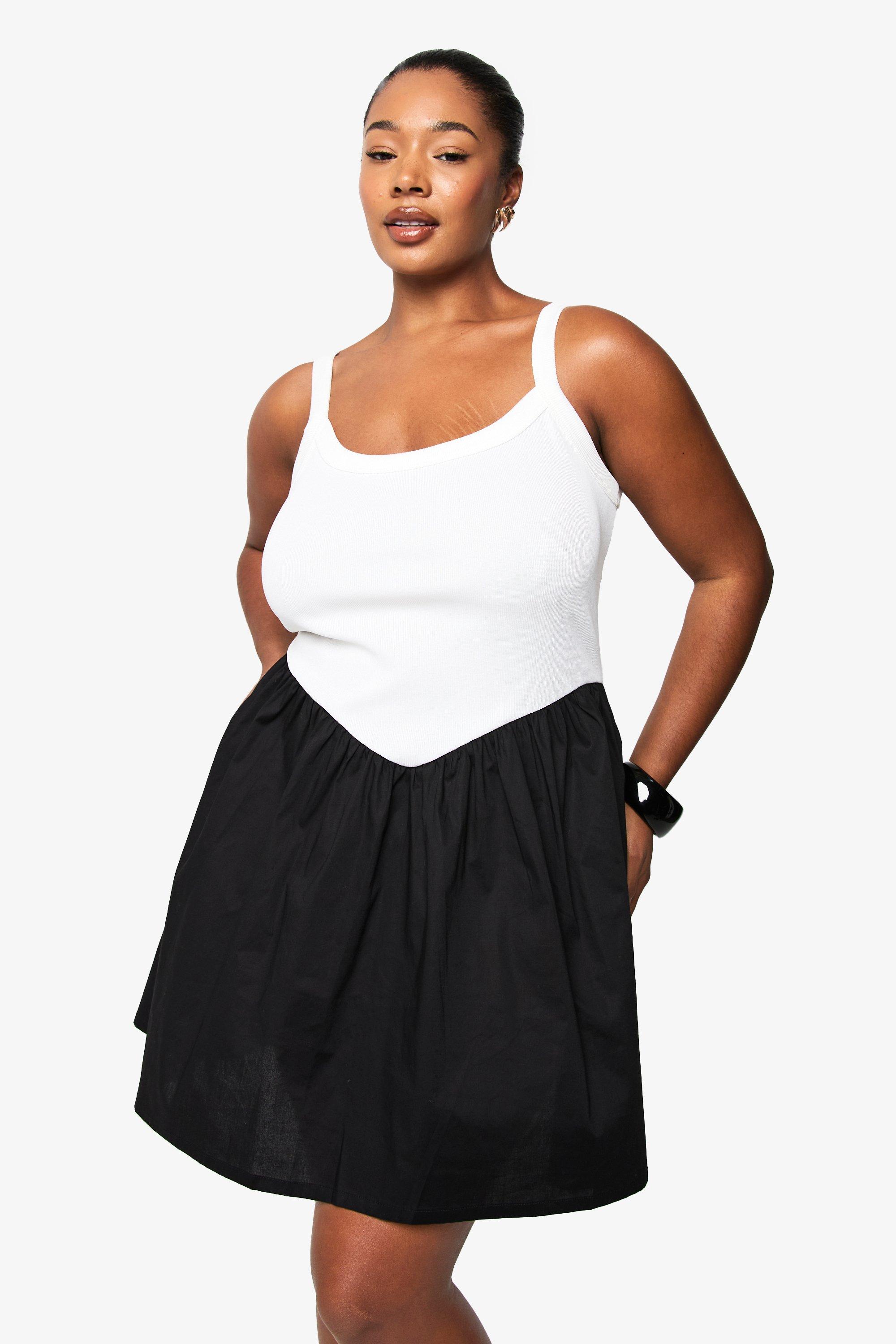 Boohoo Plus Skater Jurk Met Contrasterende Stoffen En Bandjes, Black